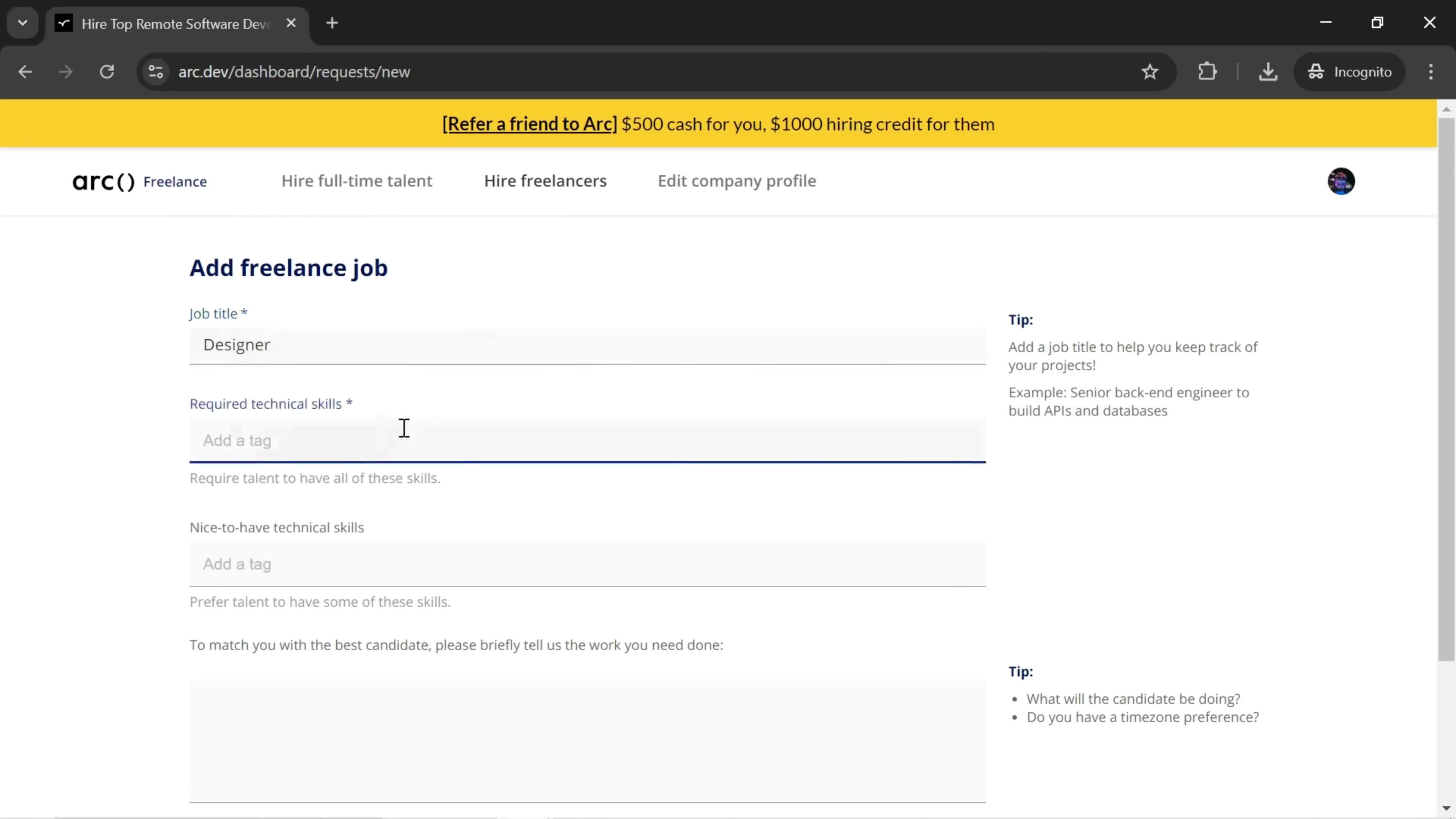 Adding a new job screenshot