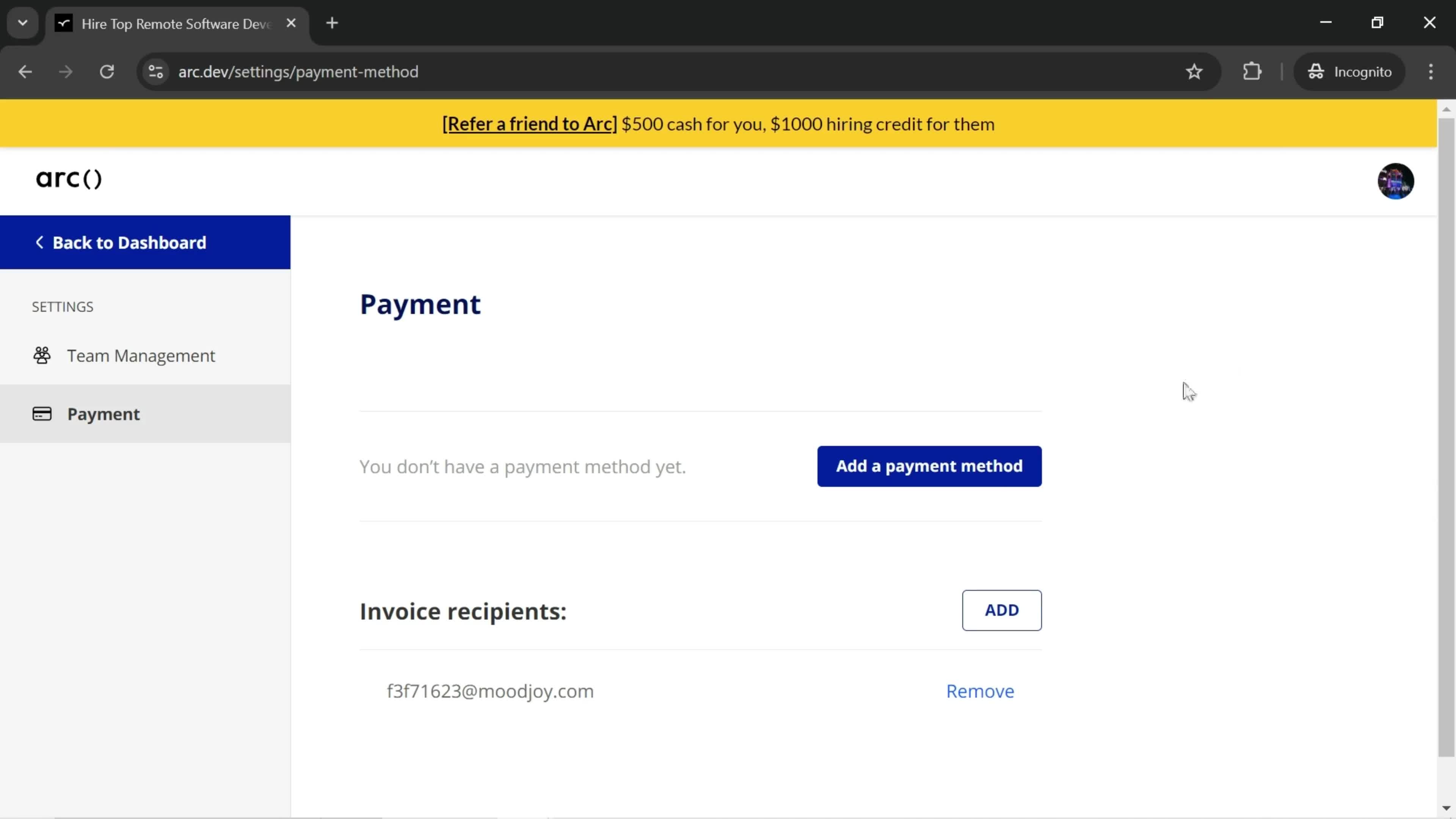 Adding a payment method screenshot