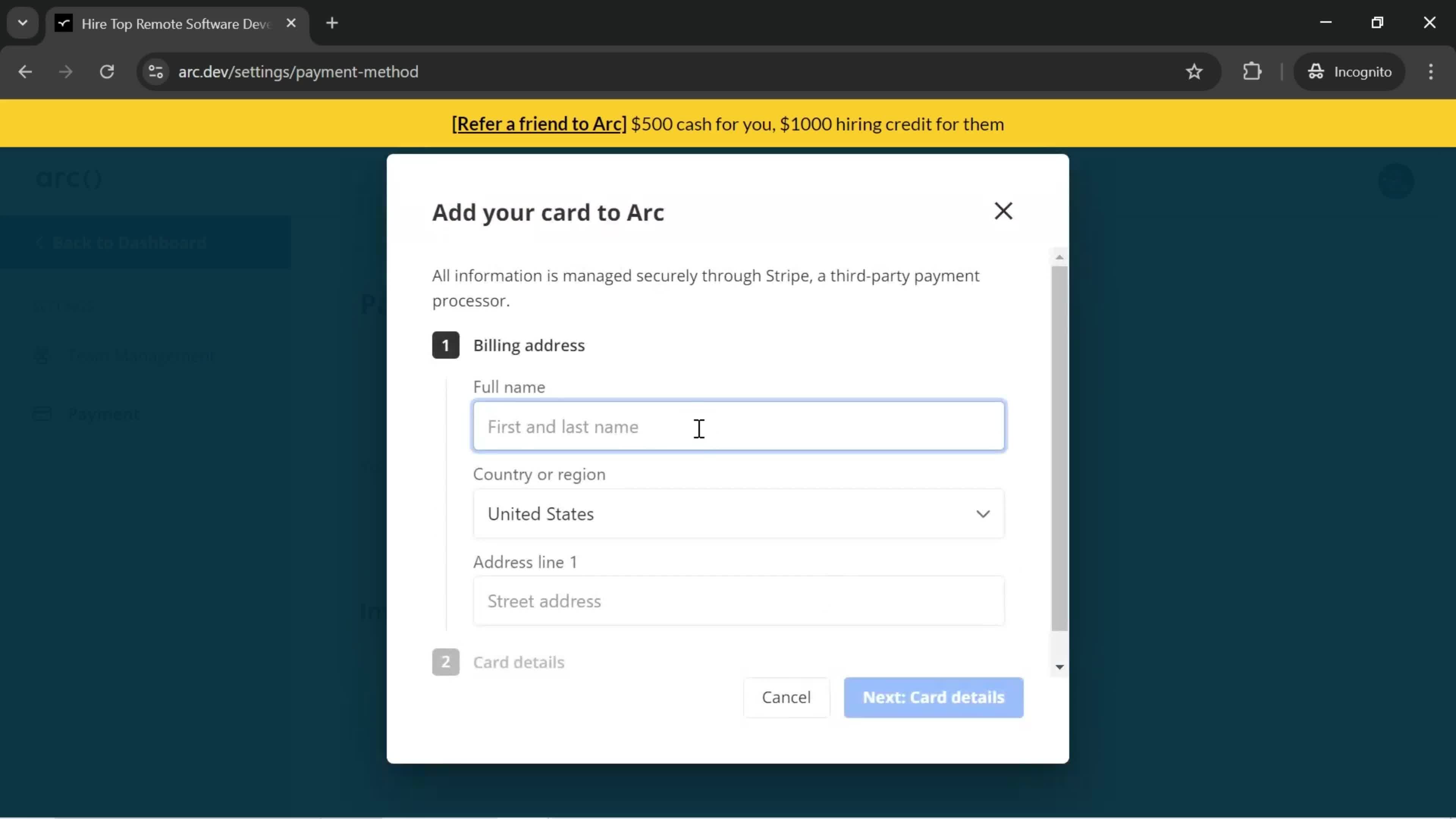 Adding a payment method screenshot