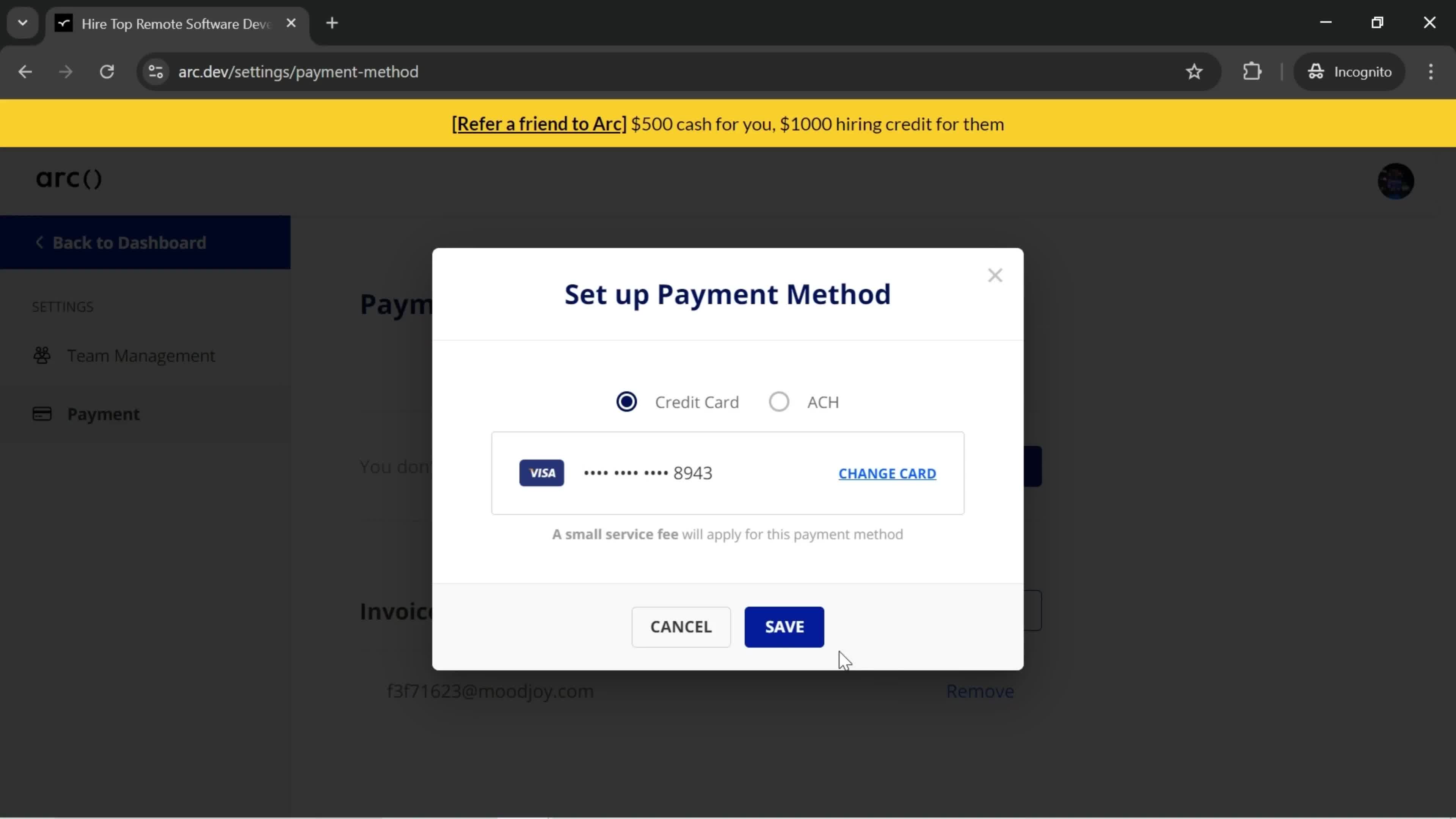 Adding a payment method screenshot