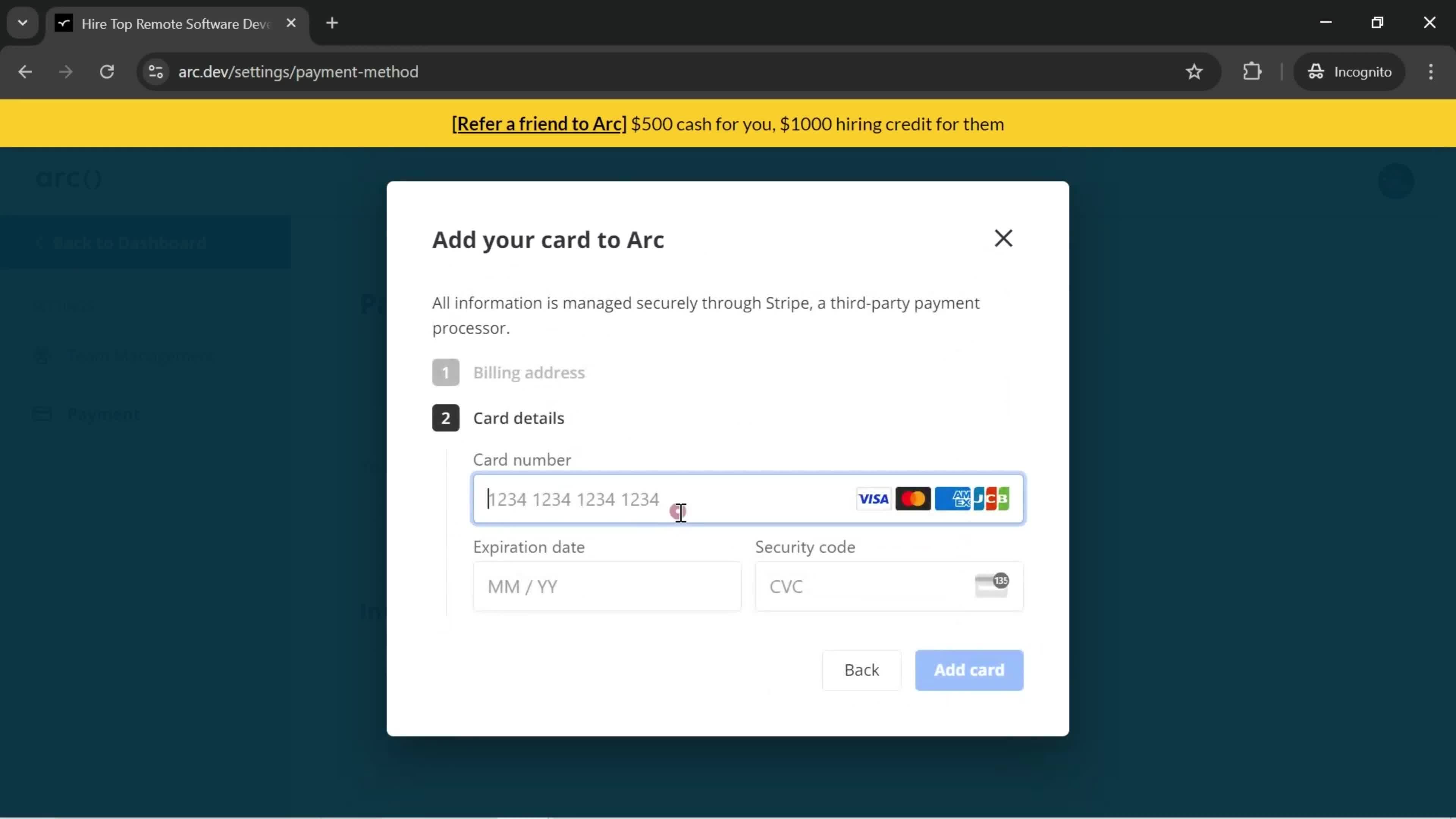 Adding a payment method screenshot