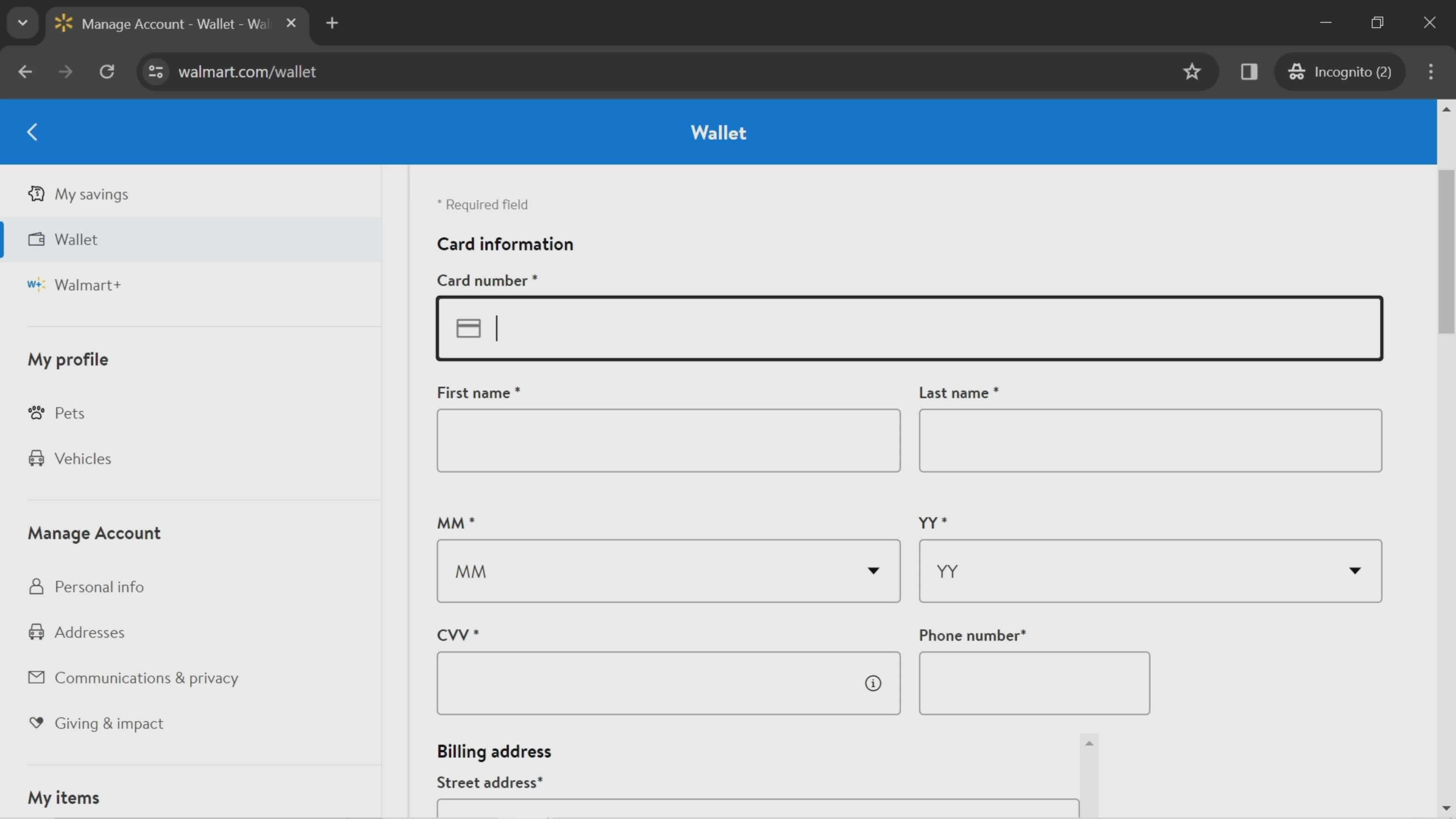 Adding a payment method screenshot