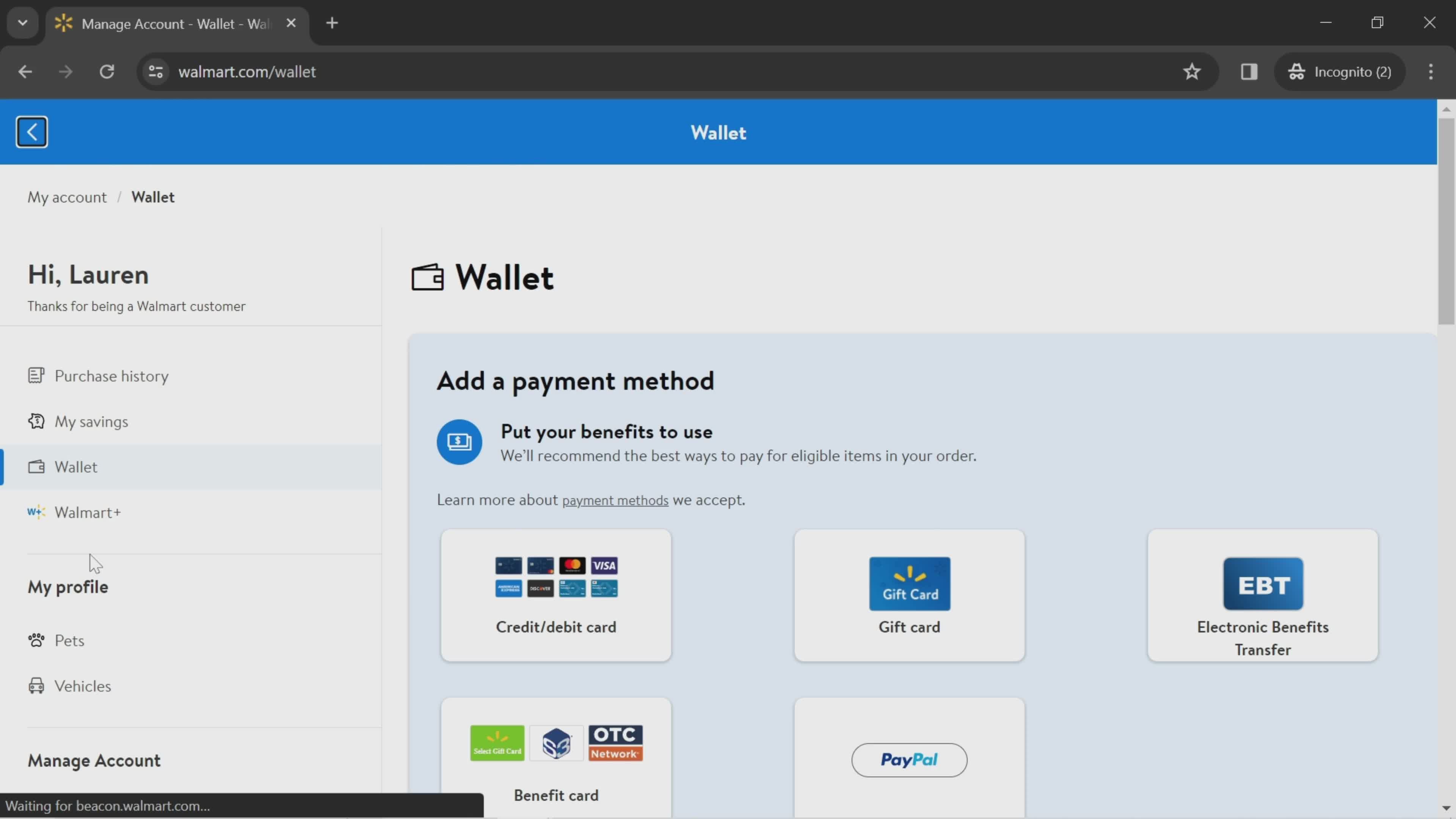 Adding a payment method screenshot