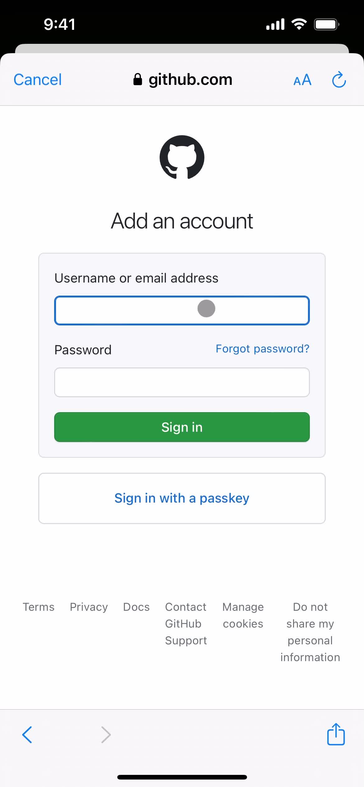 Adding an account screenshot