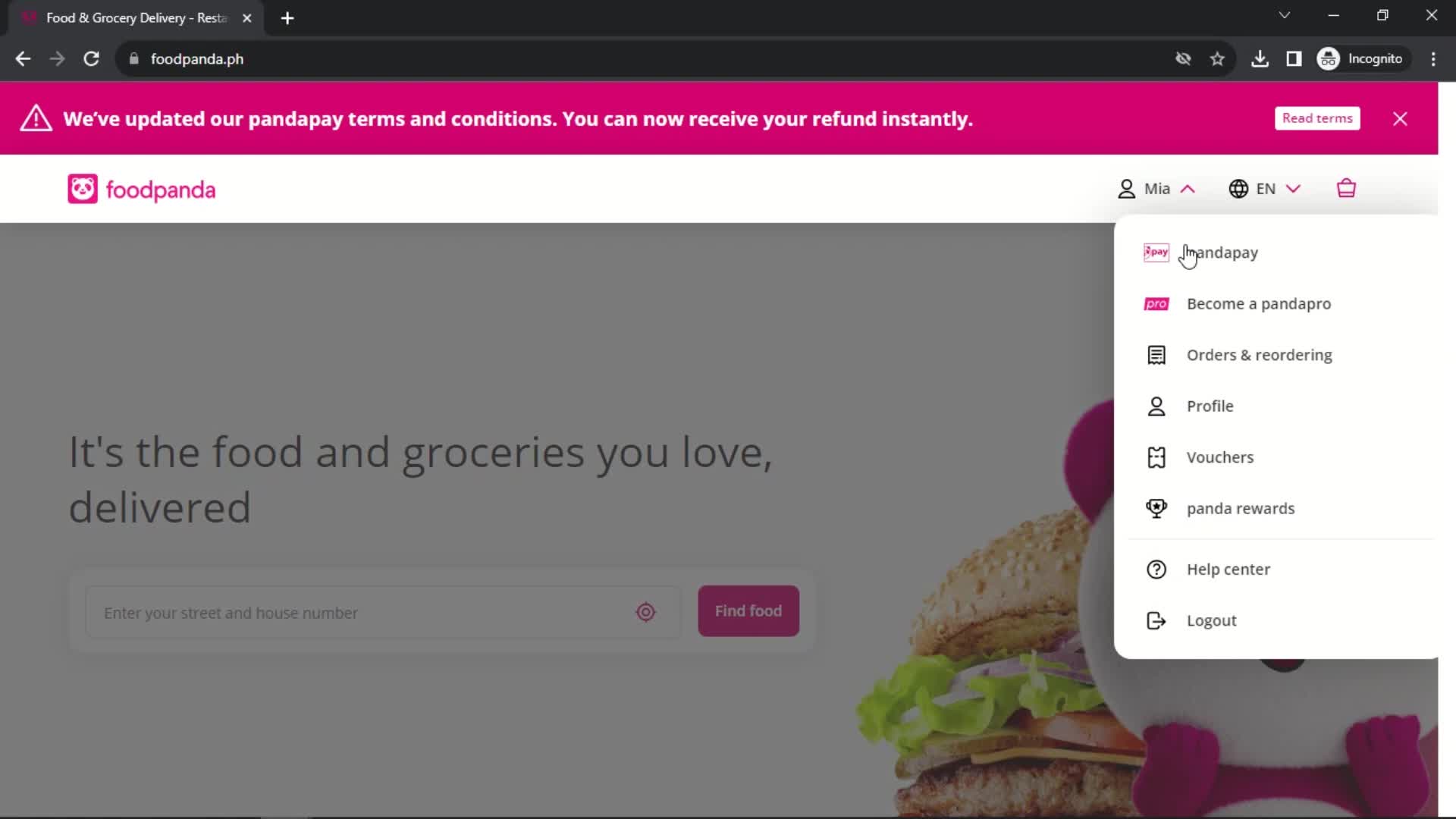 Screenshot of Account menu on Adding an address on foodpanda user flow