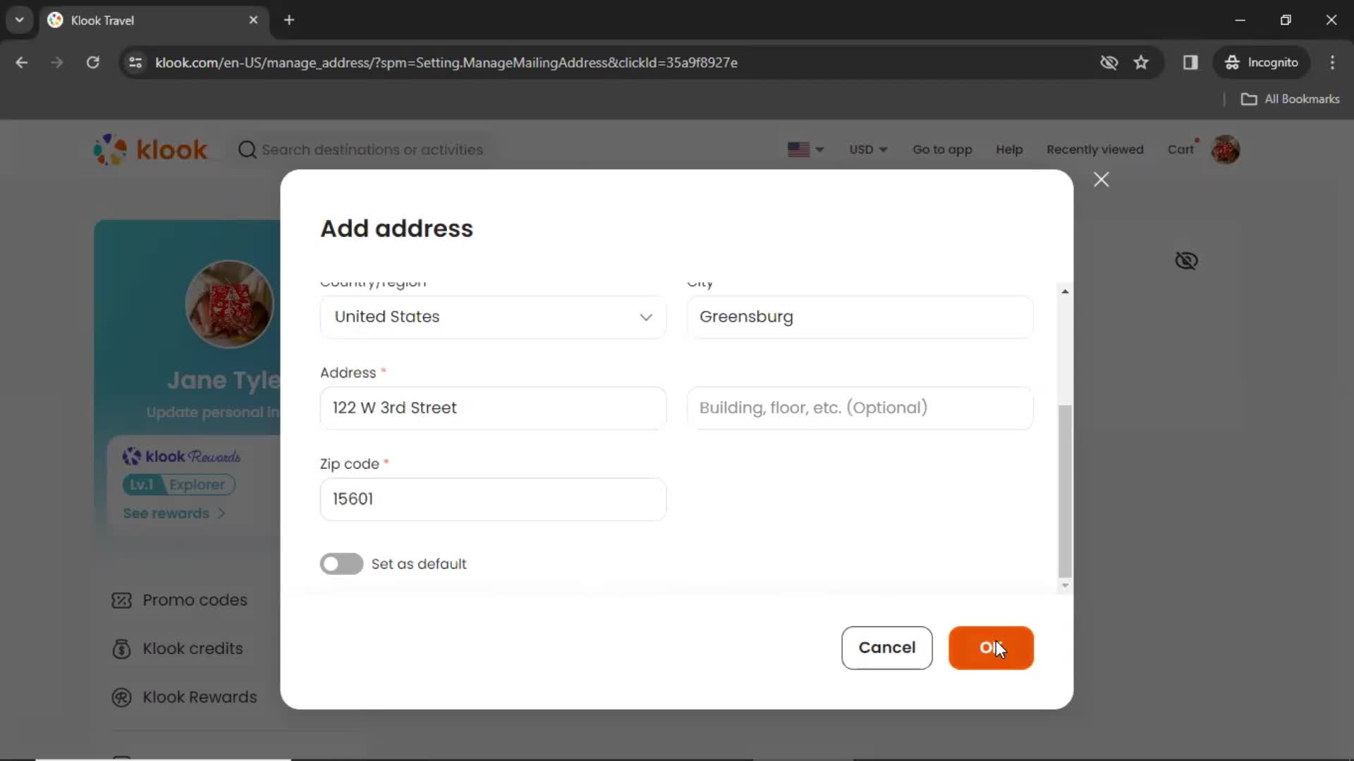 Adding an address screenshot