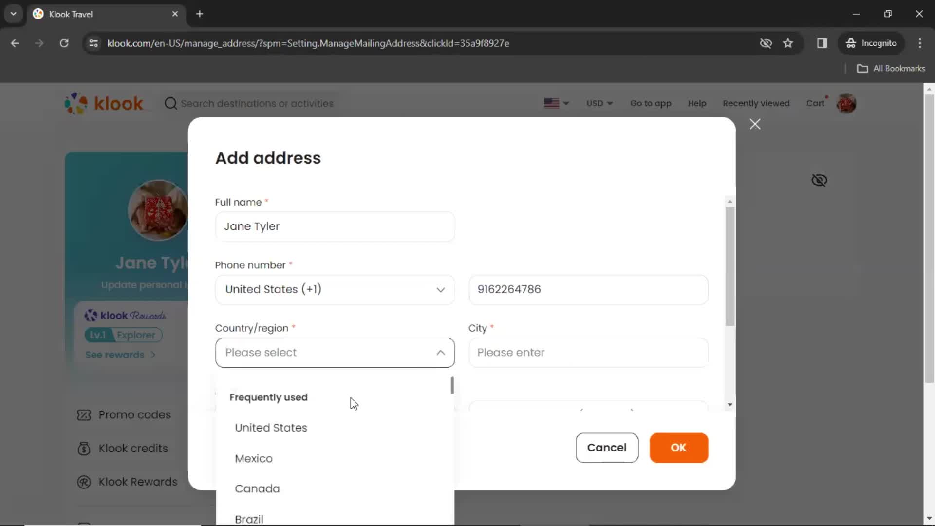 Adding an address screenshot