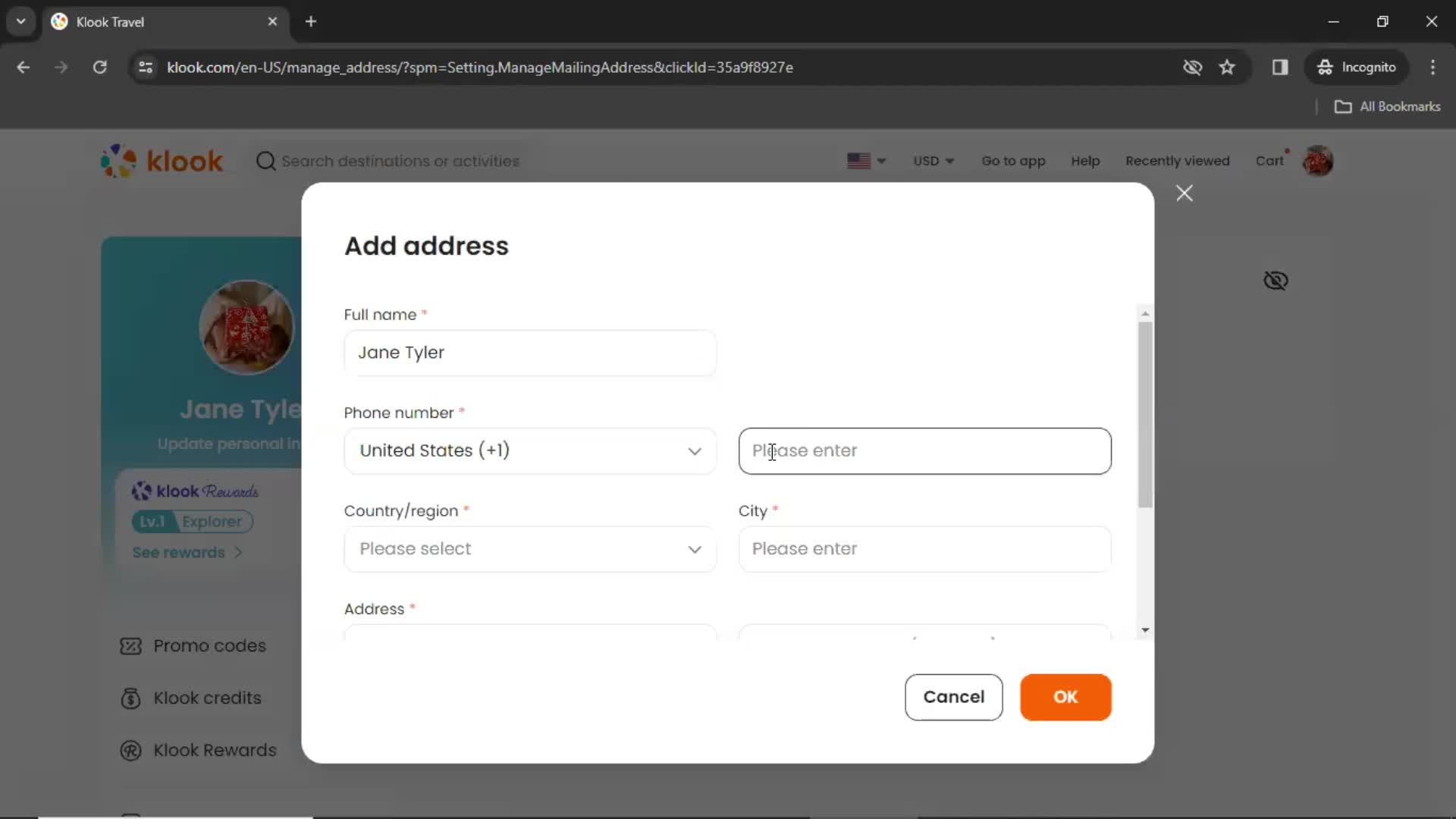 Adding an address screenshot