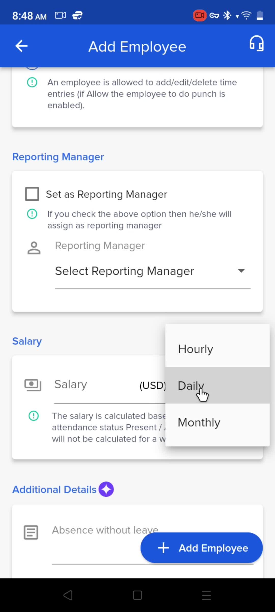 Adding an employee screenshot