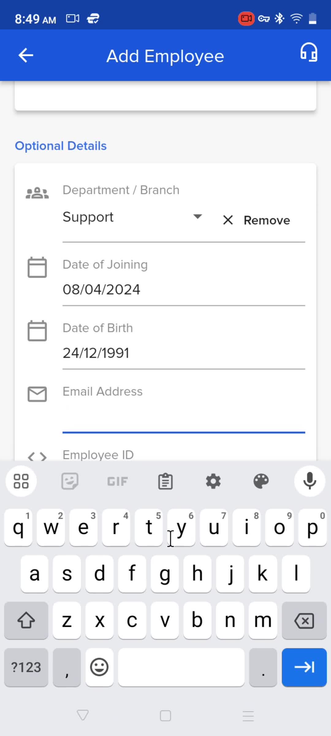 Adding an employee screenshot