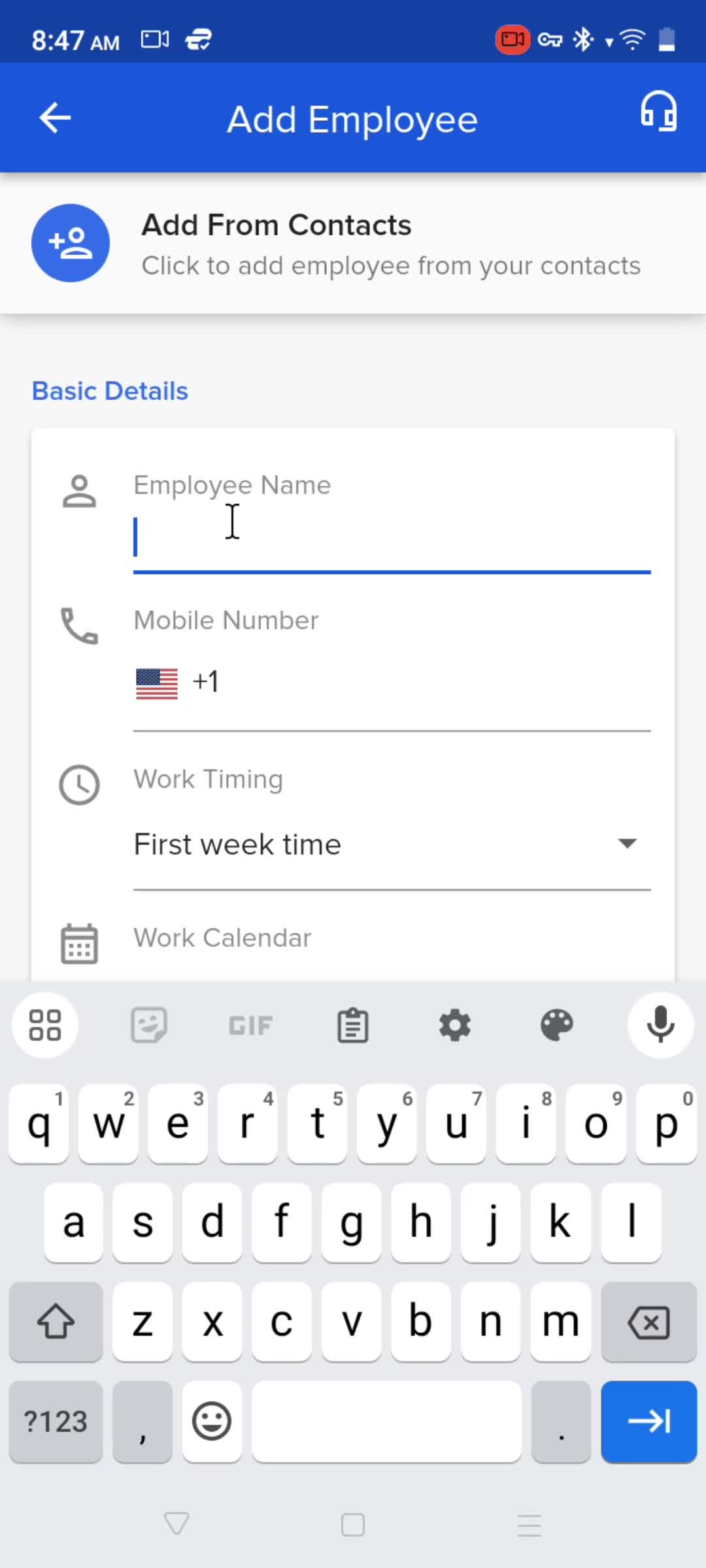 Adding an employee screenshot