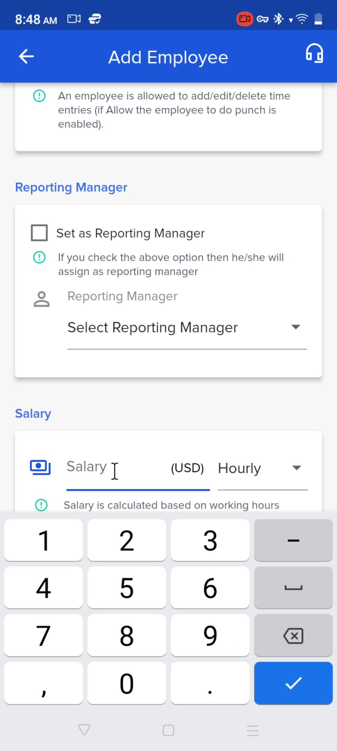 Adding an employee screenshot