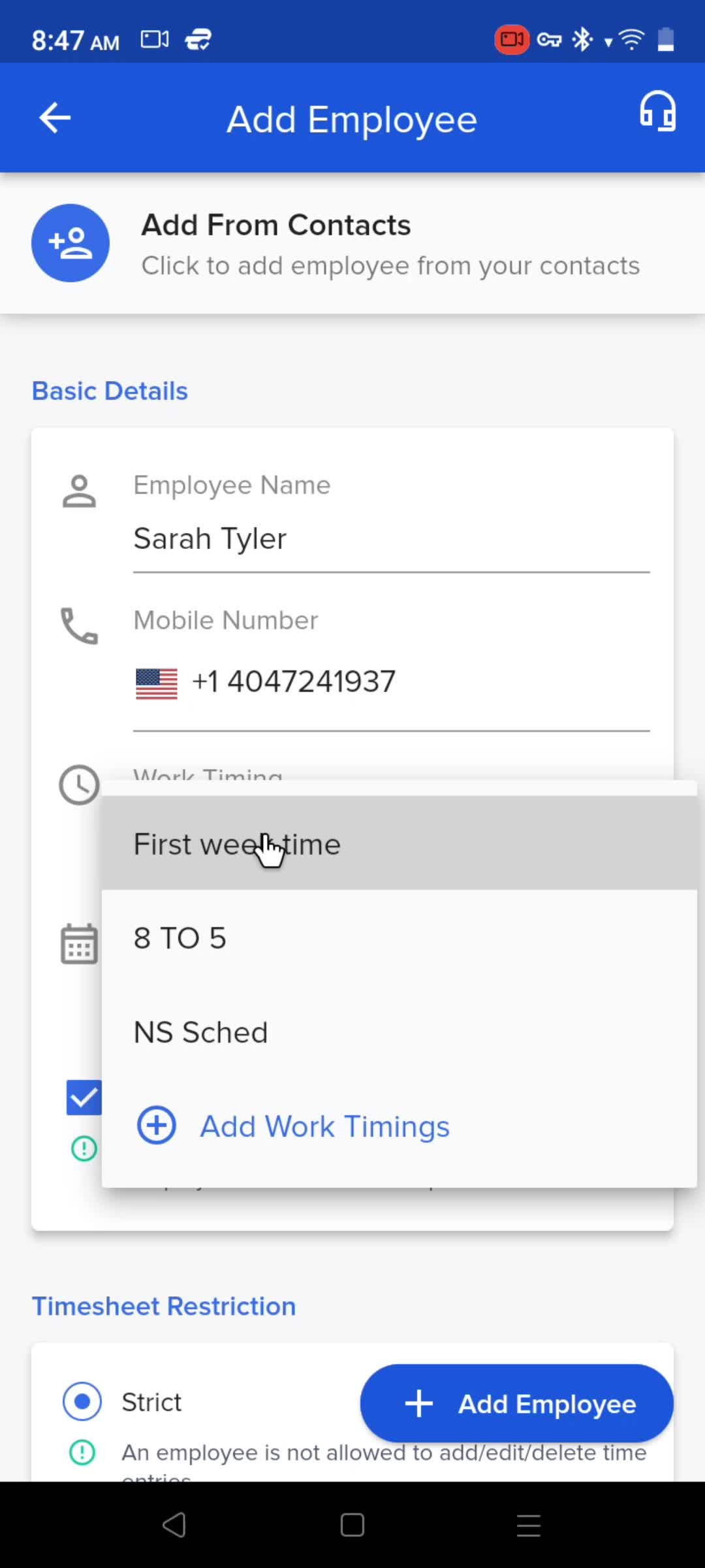 Adding an employee screenshot