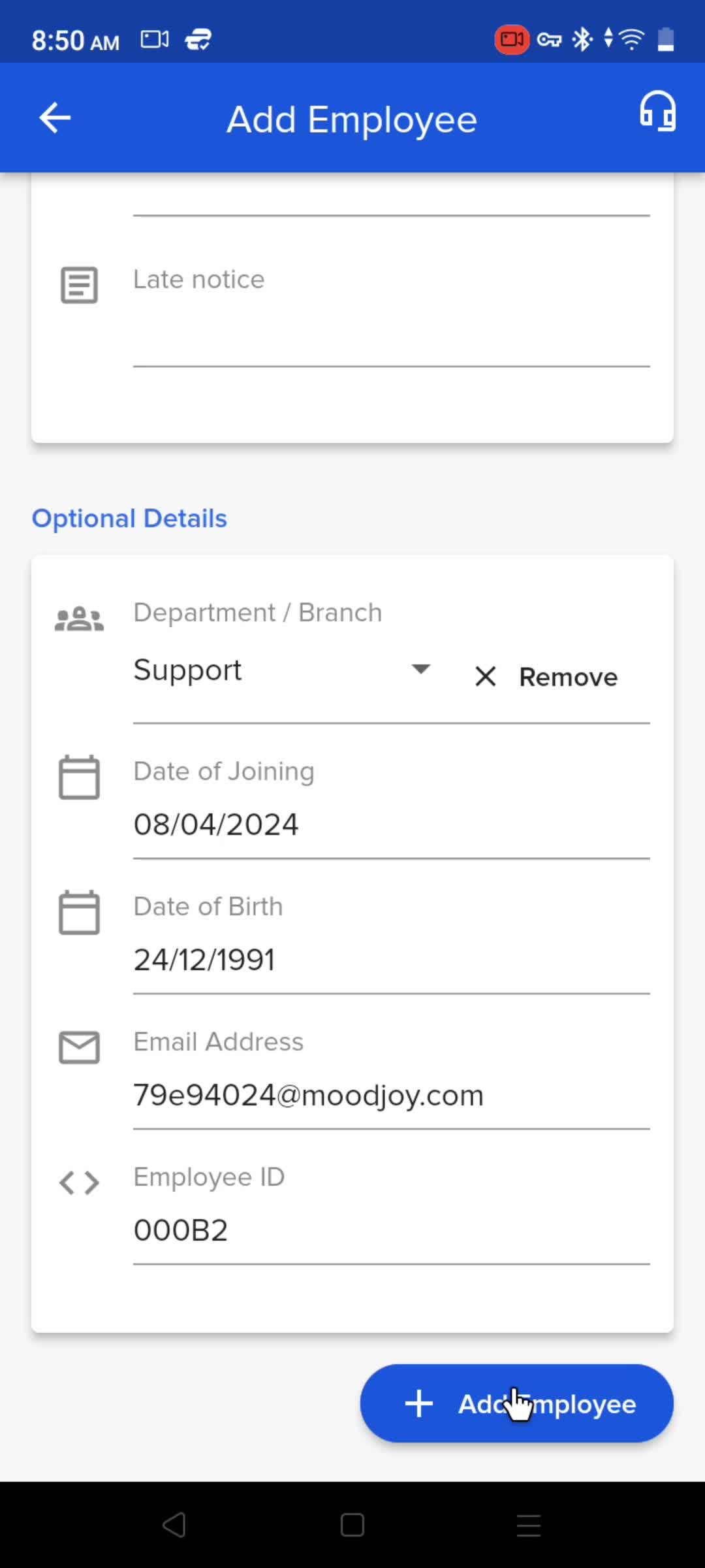 Adding an employee screenshot