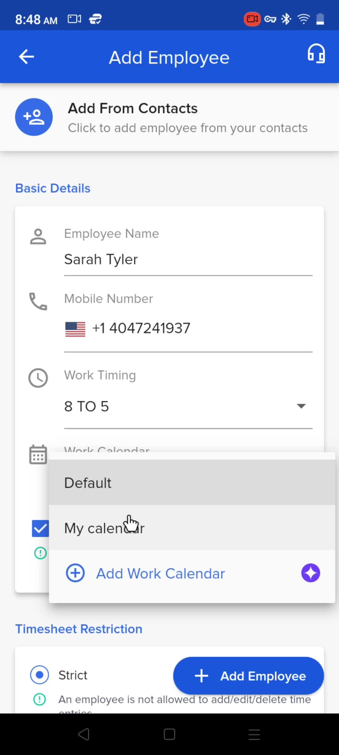 Adding an employee screenshot