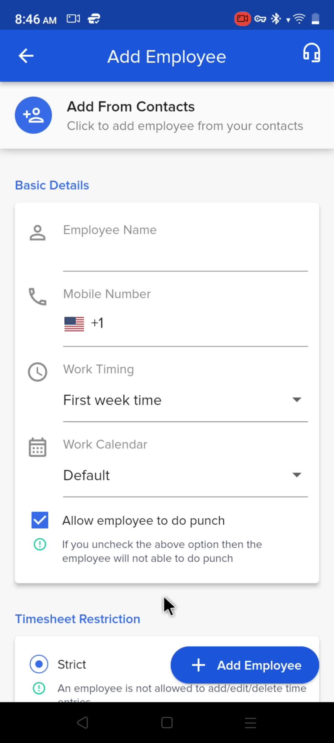 Adding an employee screenshot