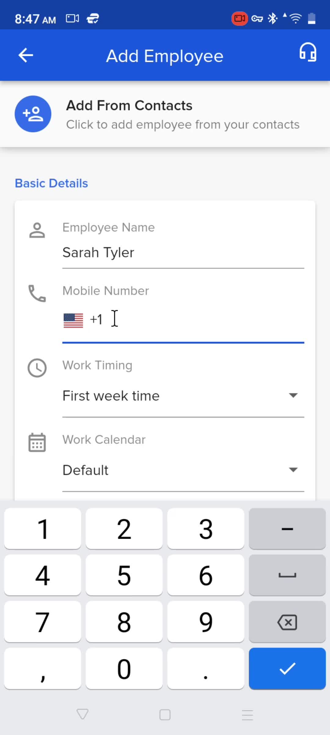 Adding an employee screenshot