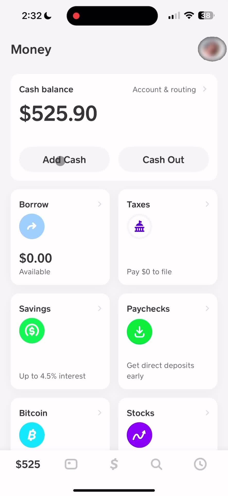 Adding cash screenshot