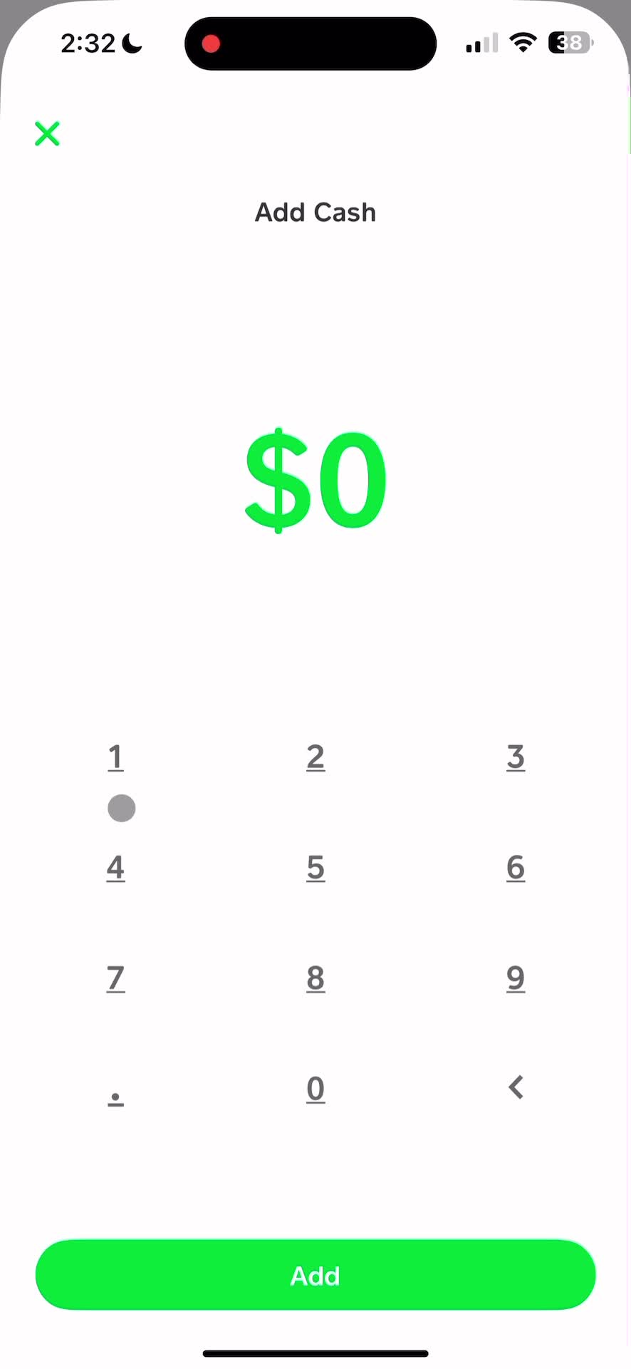 Adding cash screenshot