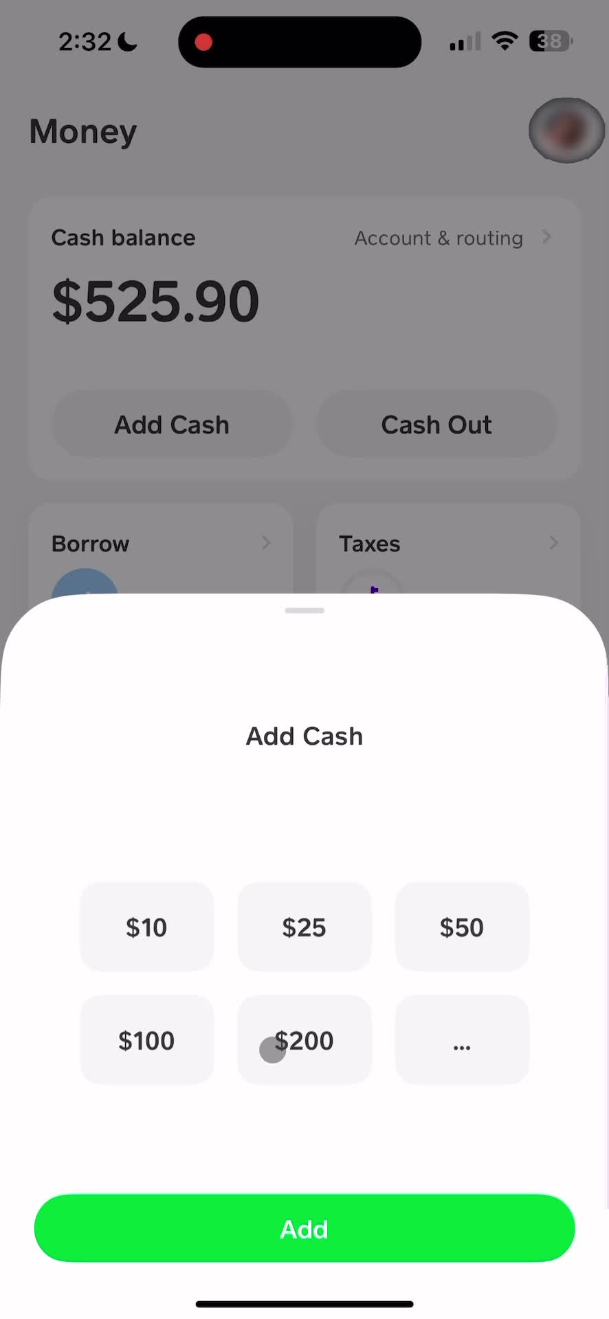 Adding cash screenshot