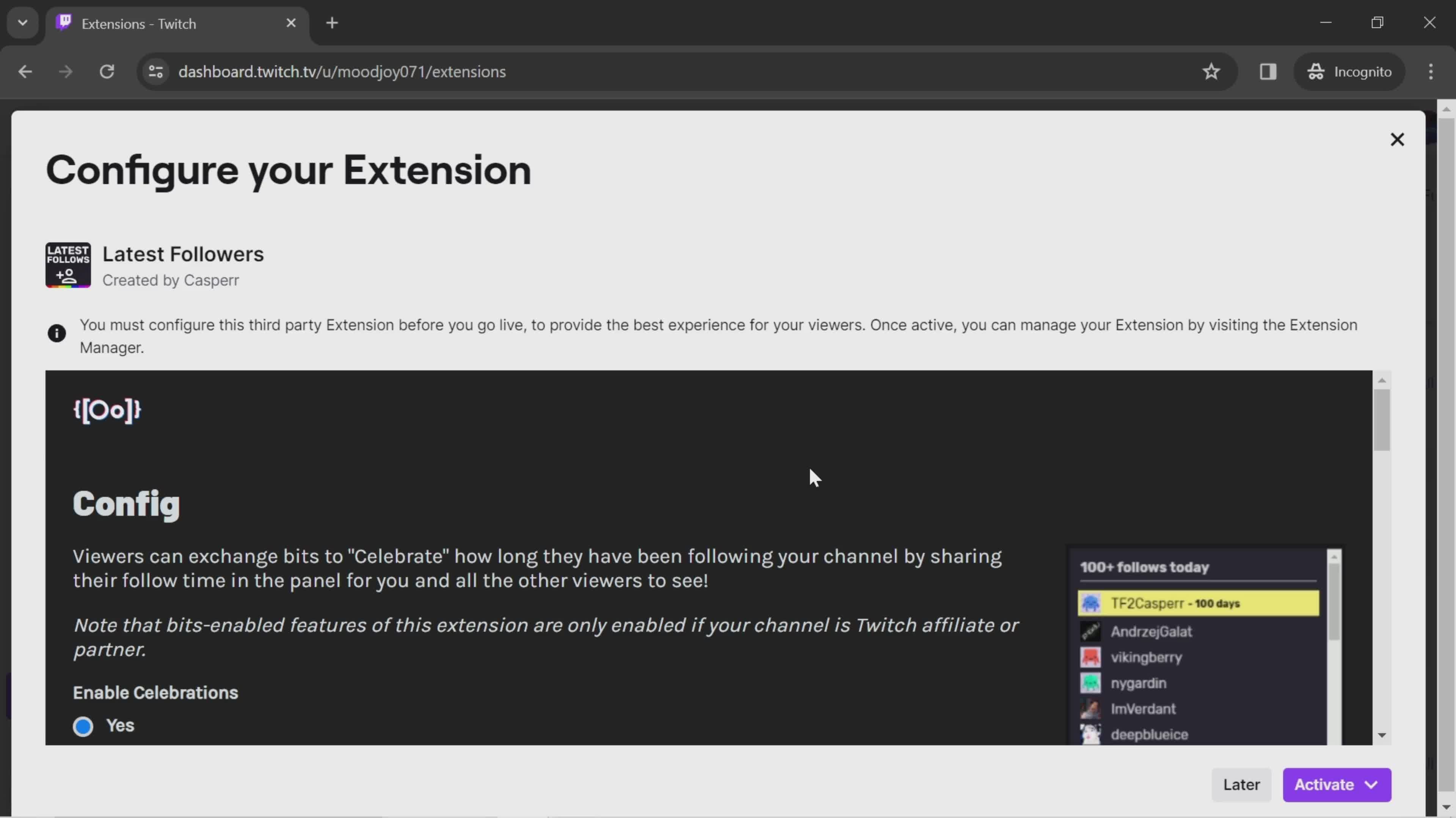 Adding extensions screenshot