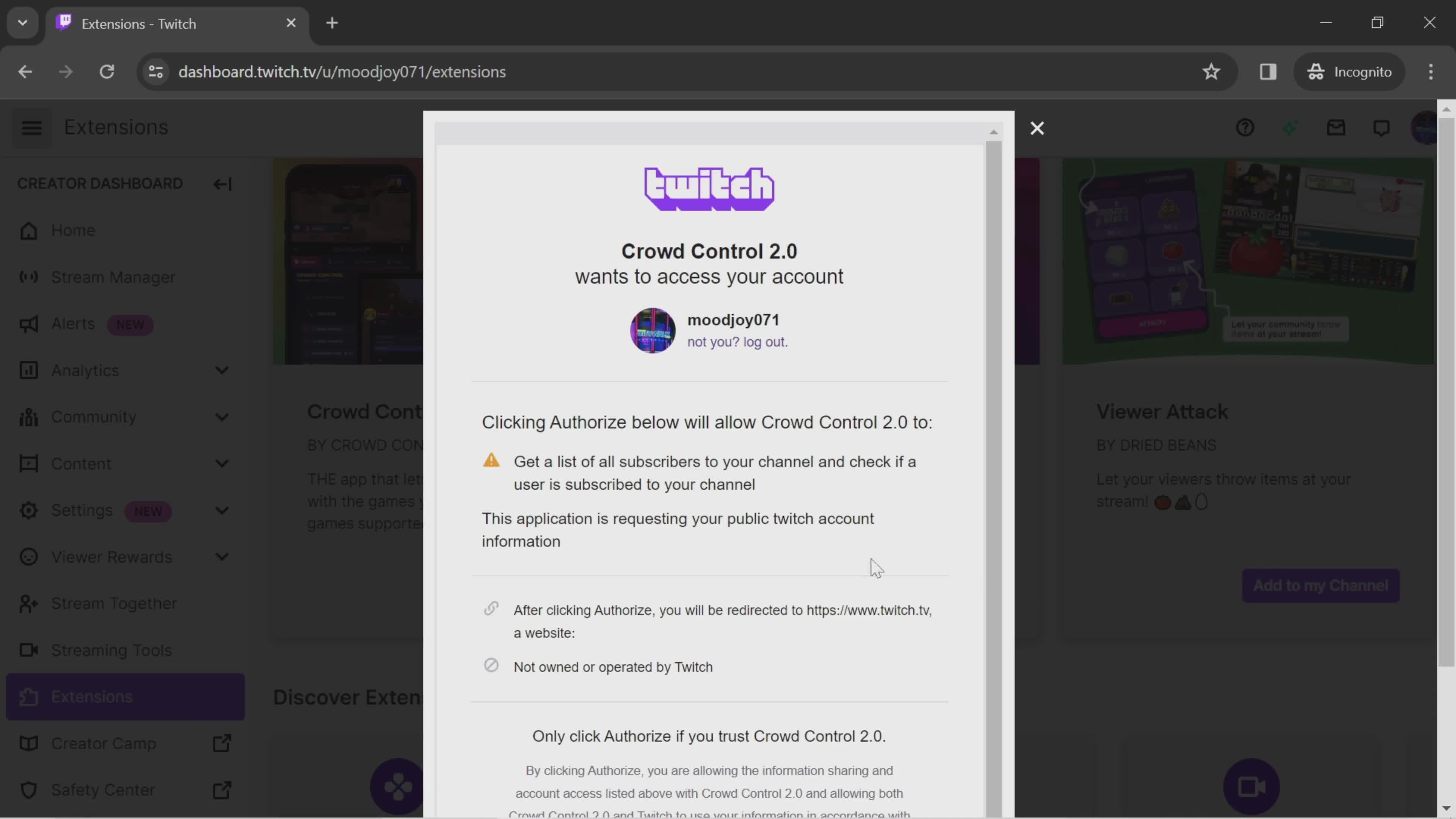 Adding extensions on Twitch video thumbnail