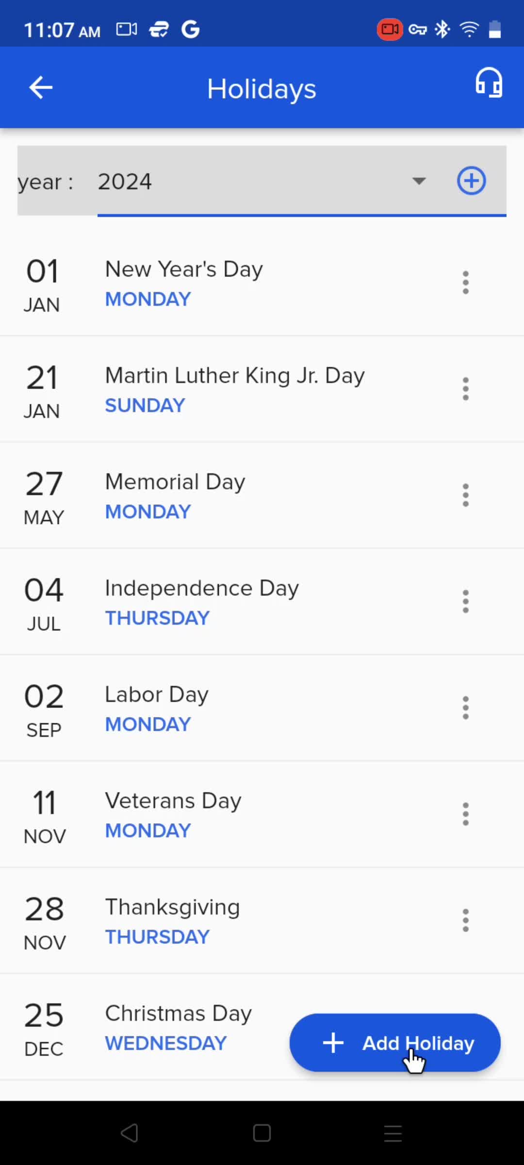 Adding holidays screenshot