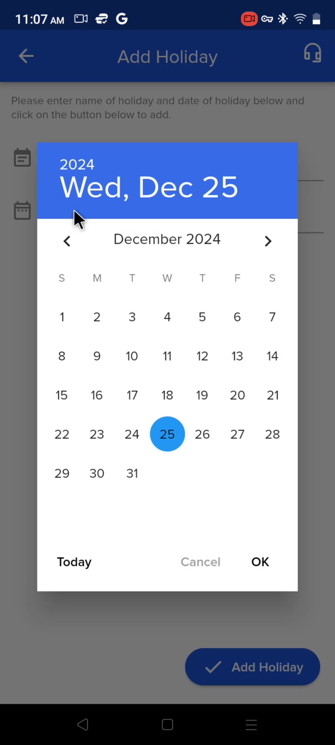 Adding holidays screenshot