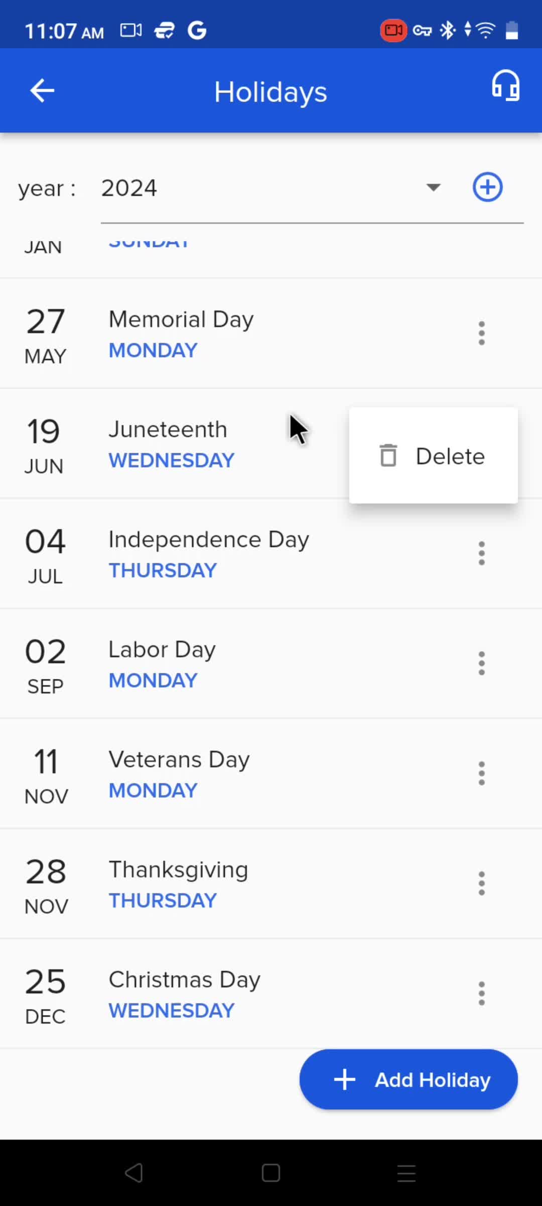 Adding holidays screenshot