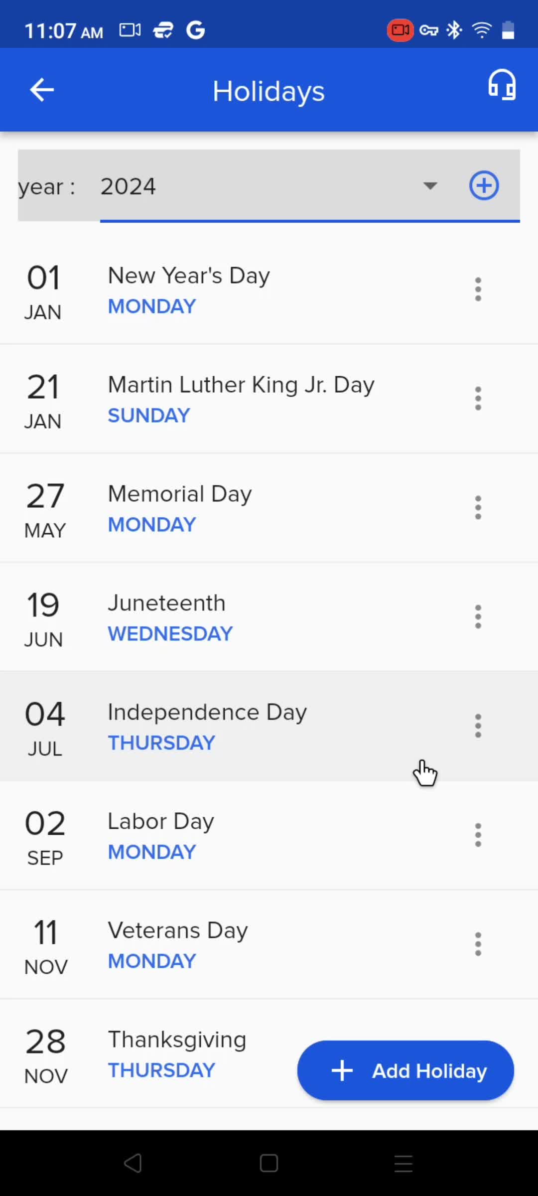 Adding holidays screenshot