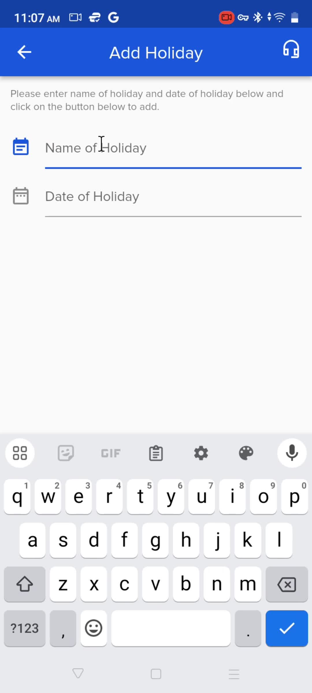 Adding holidays screenshot