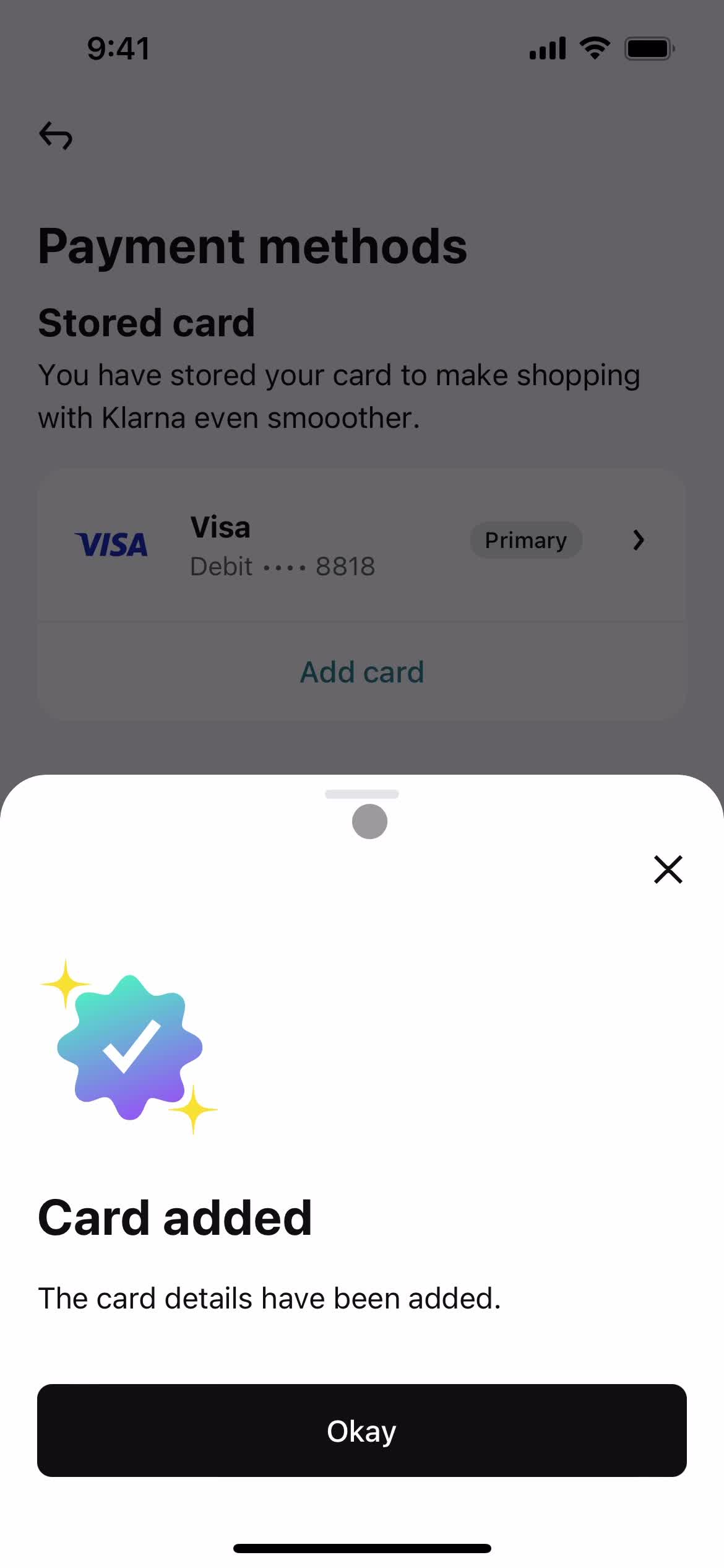 Adding payment details on Klarna video thumbnail