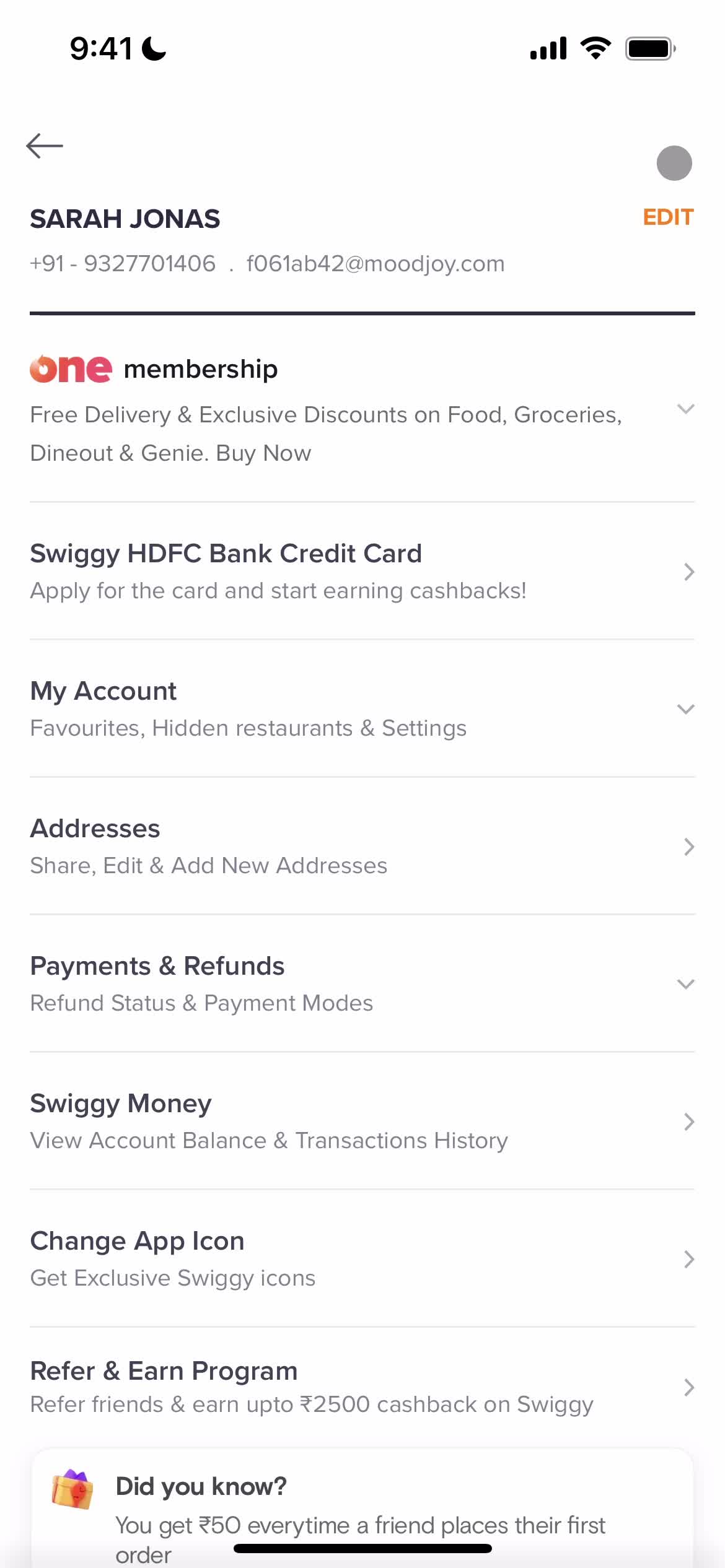 Screenshot of Account on Adding payment details on Swiggy user flow