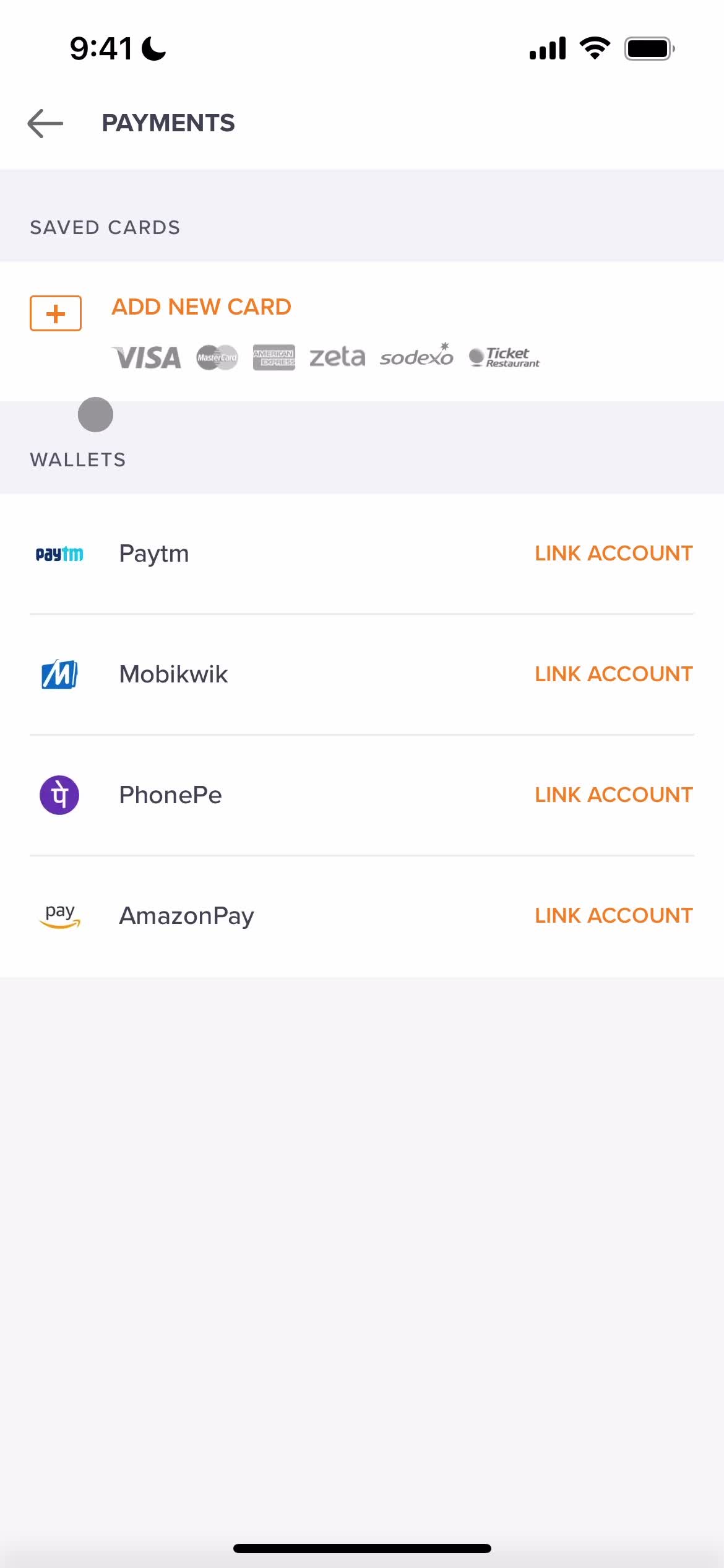 Screenshot of Payment methods on Adding payment details on Swiggy user flow