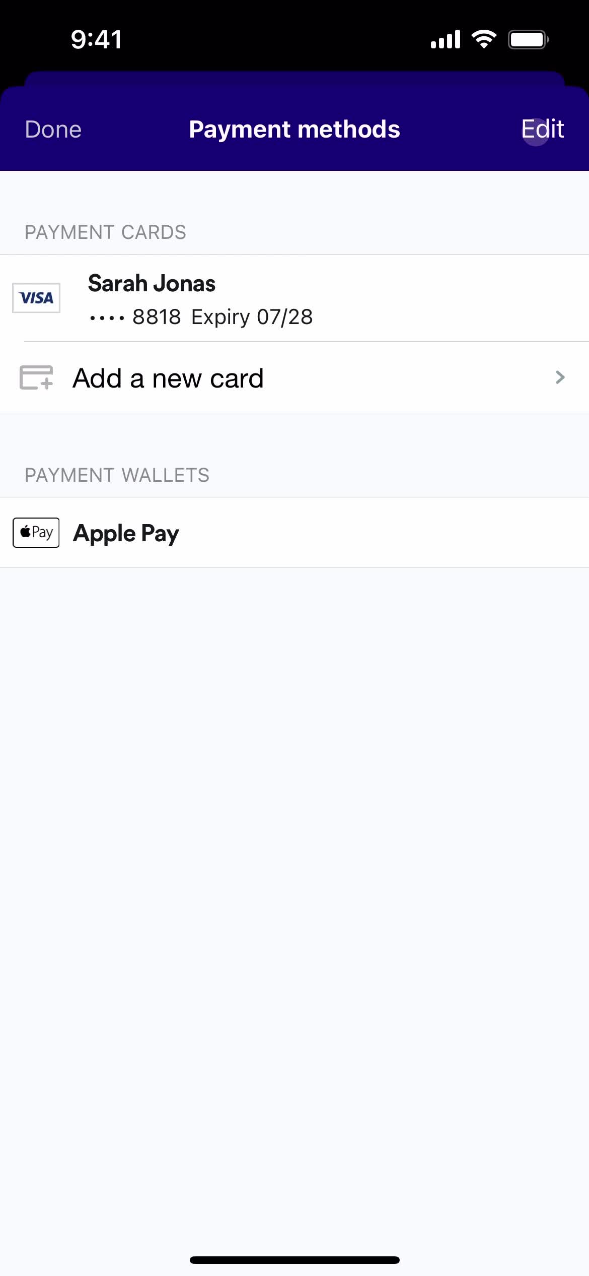 Adding payment details screenshot