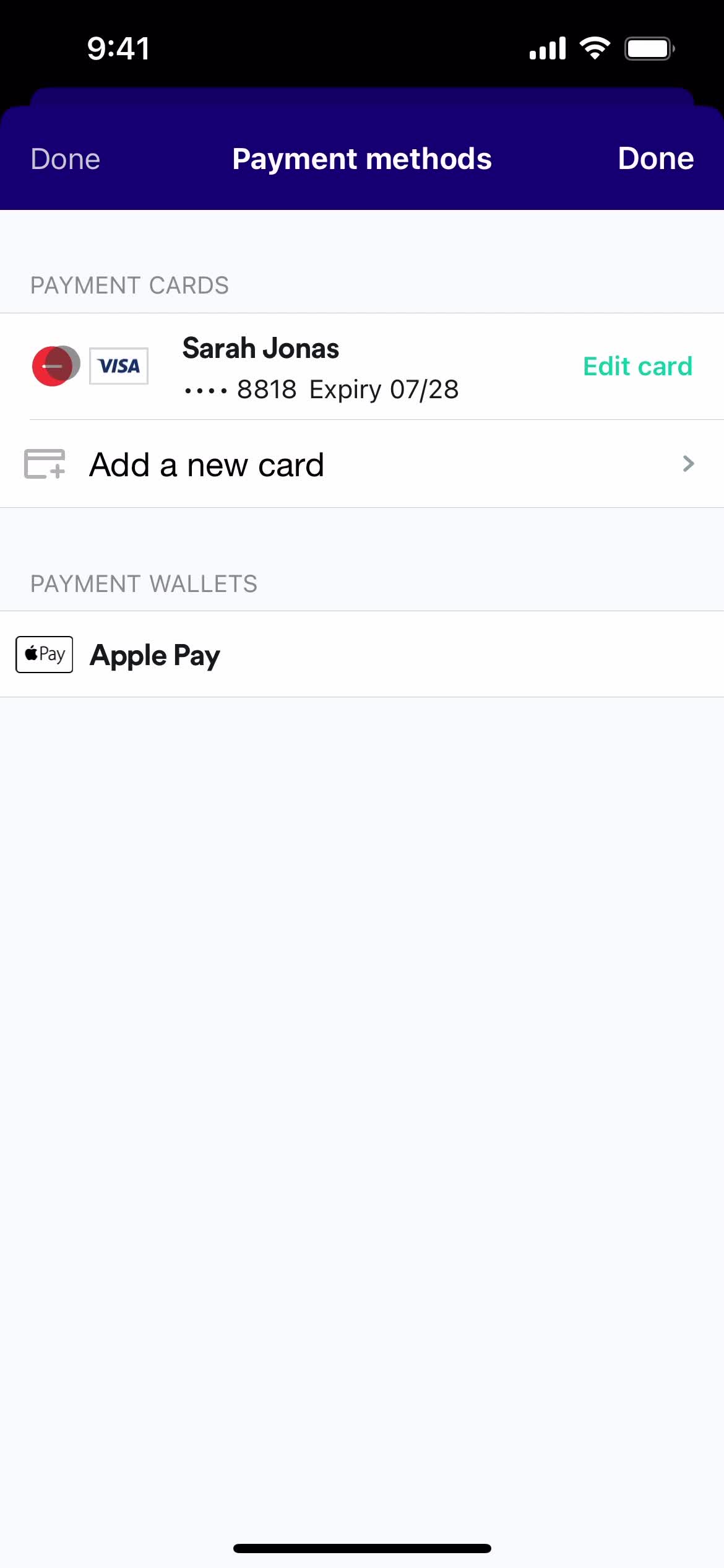 Adding payment details screenshot