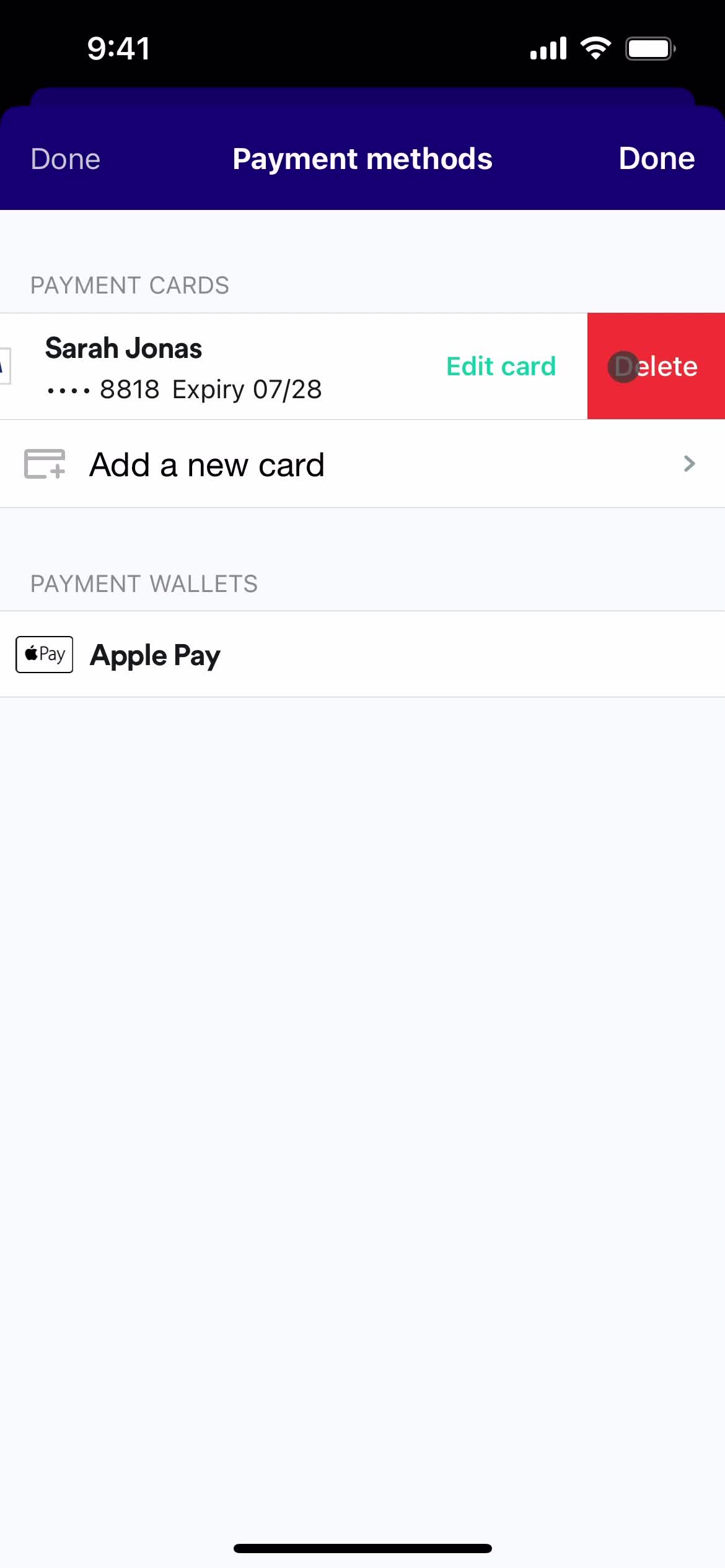 Adding payment details screenshot