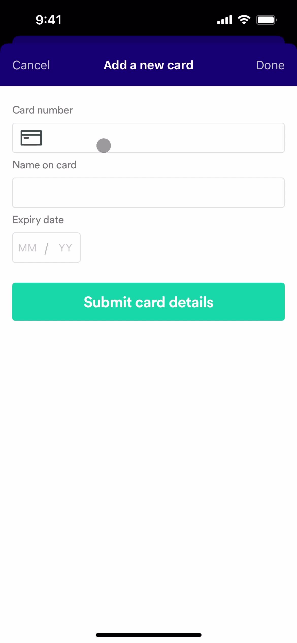 Adding payment details screenshot