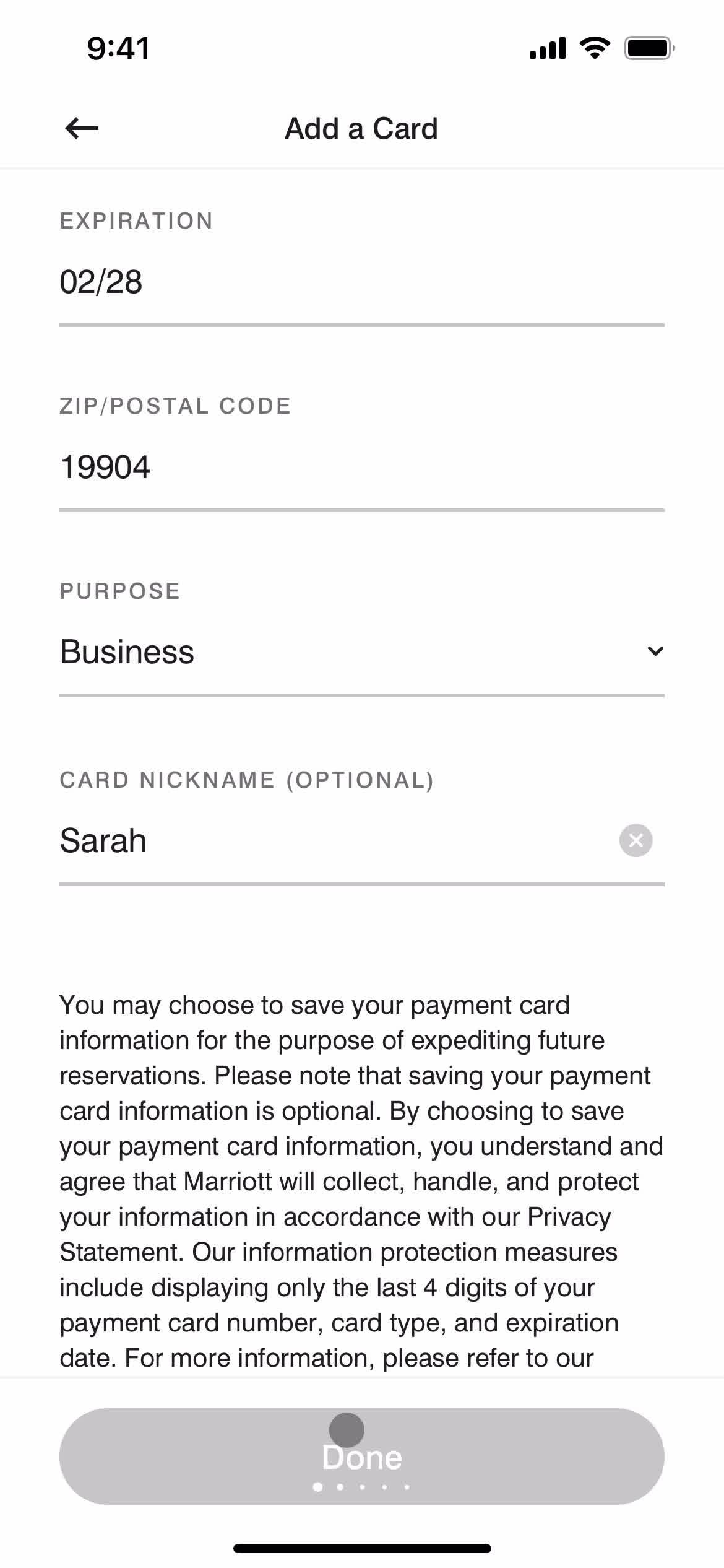 Adding a payment method screenshot