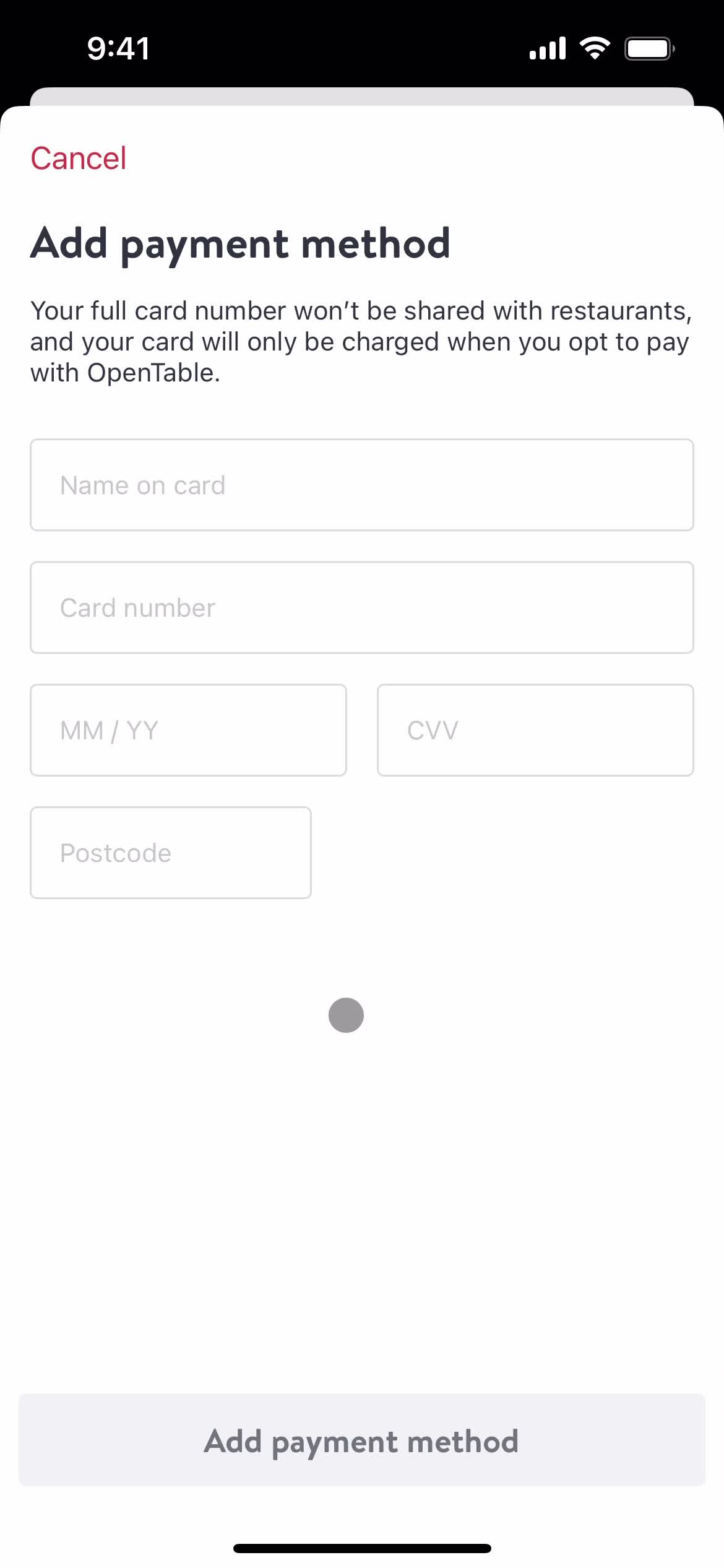 Adding payment details screenshot