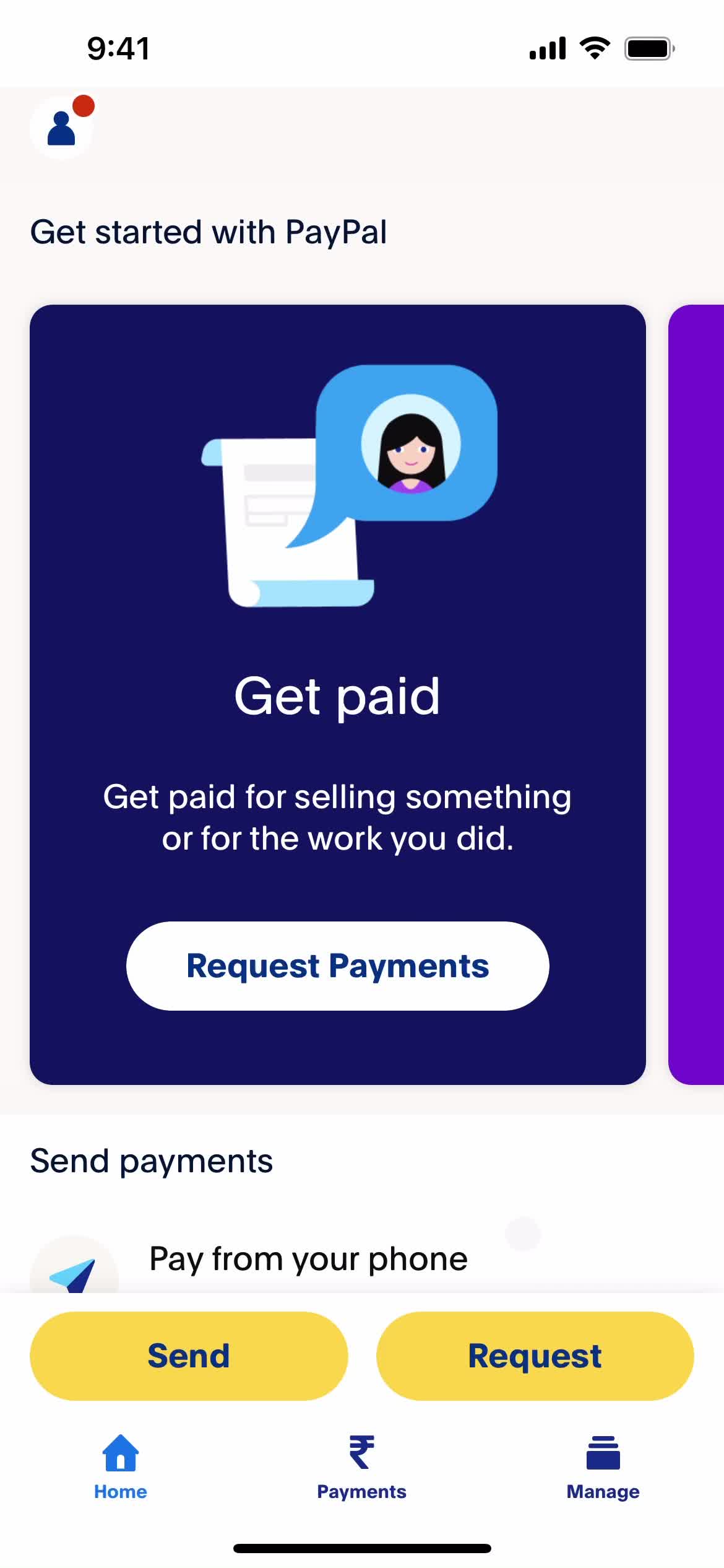 Screenshot of Home on Adding payment details on PayPal user flow
