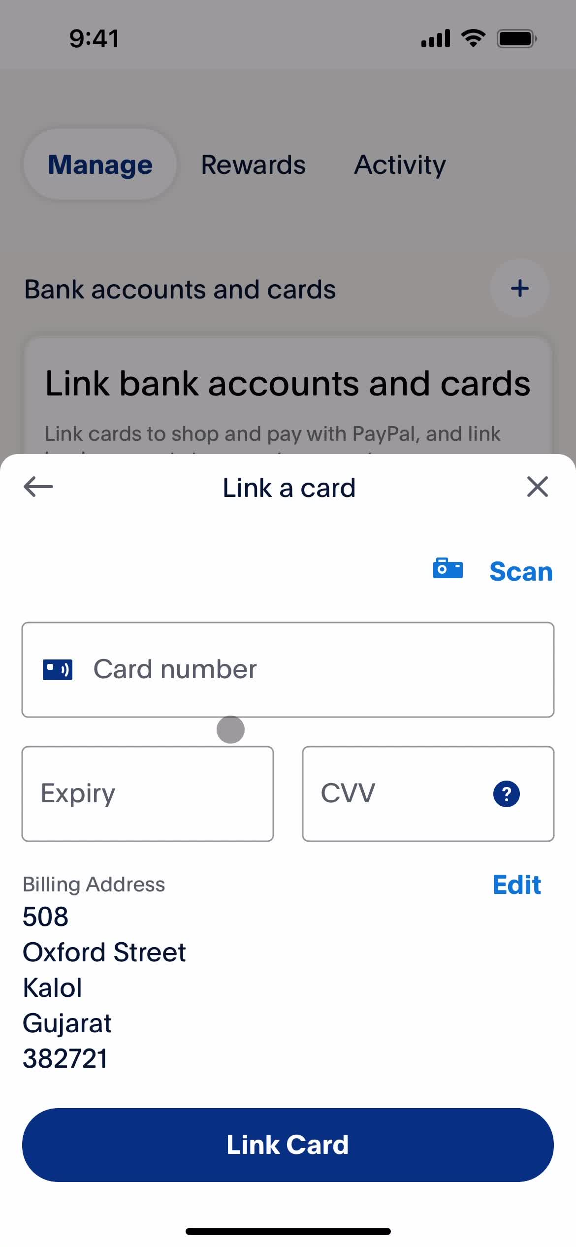 Adding payment details screenshot