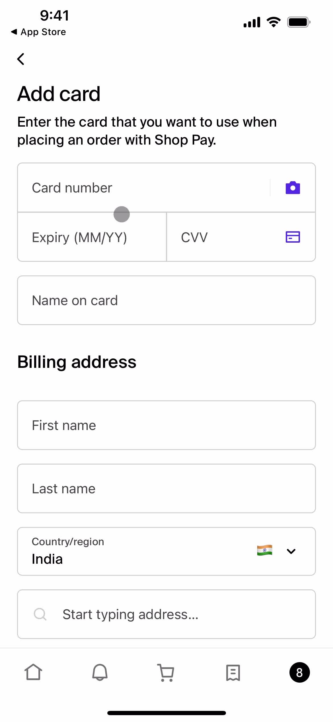 Adding payment details screenshot