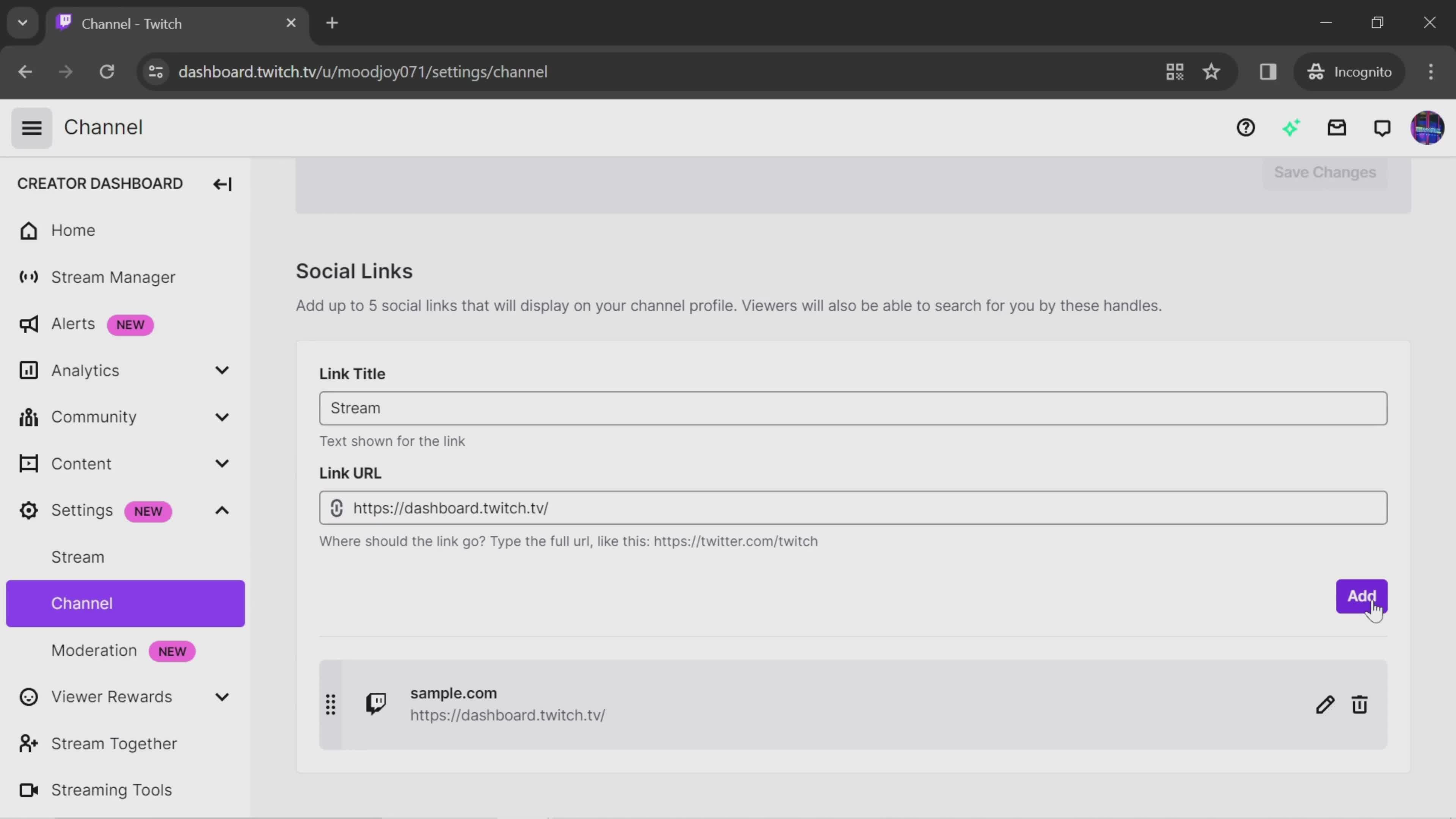 Adding social links screenshot