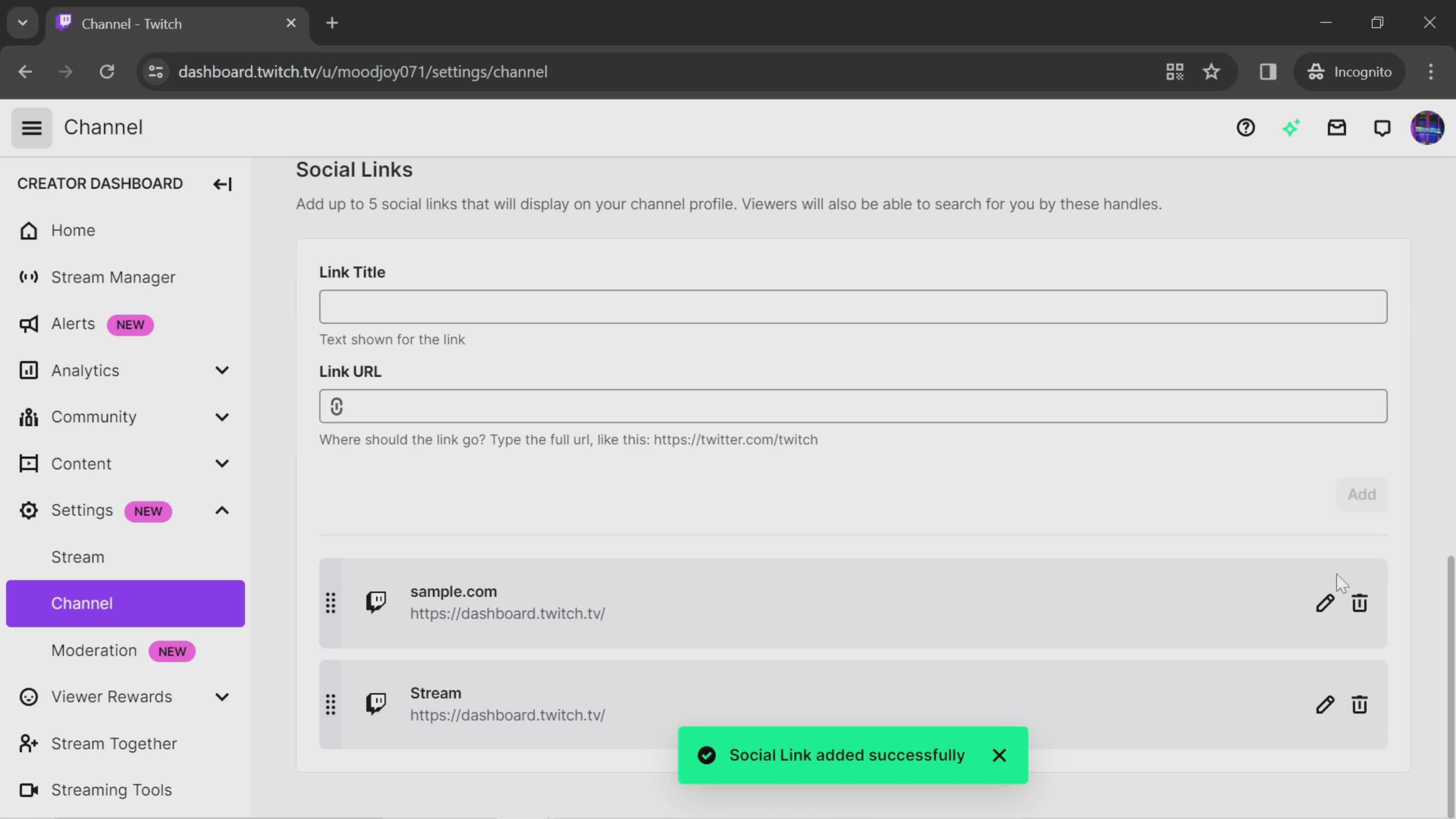 Adding social links screenshot