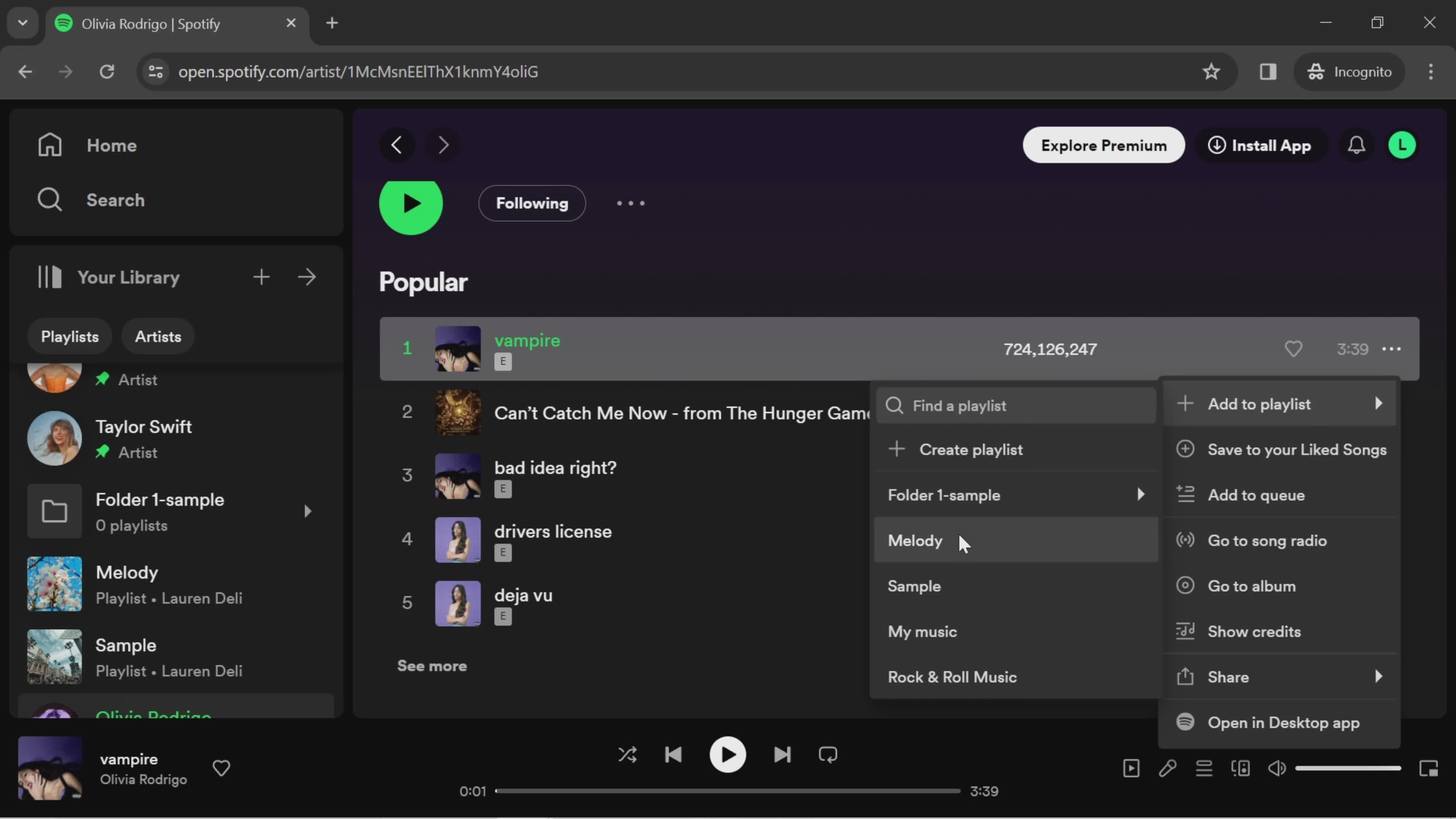 Adding songs to a playlist screenshot