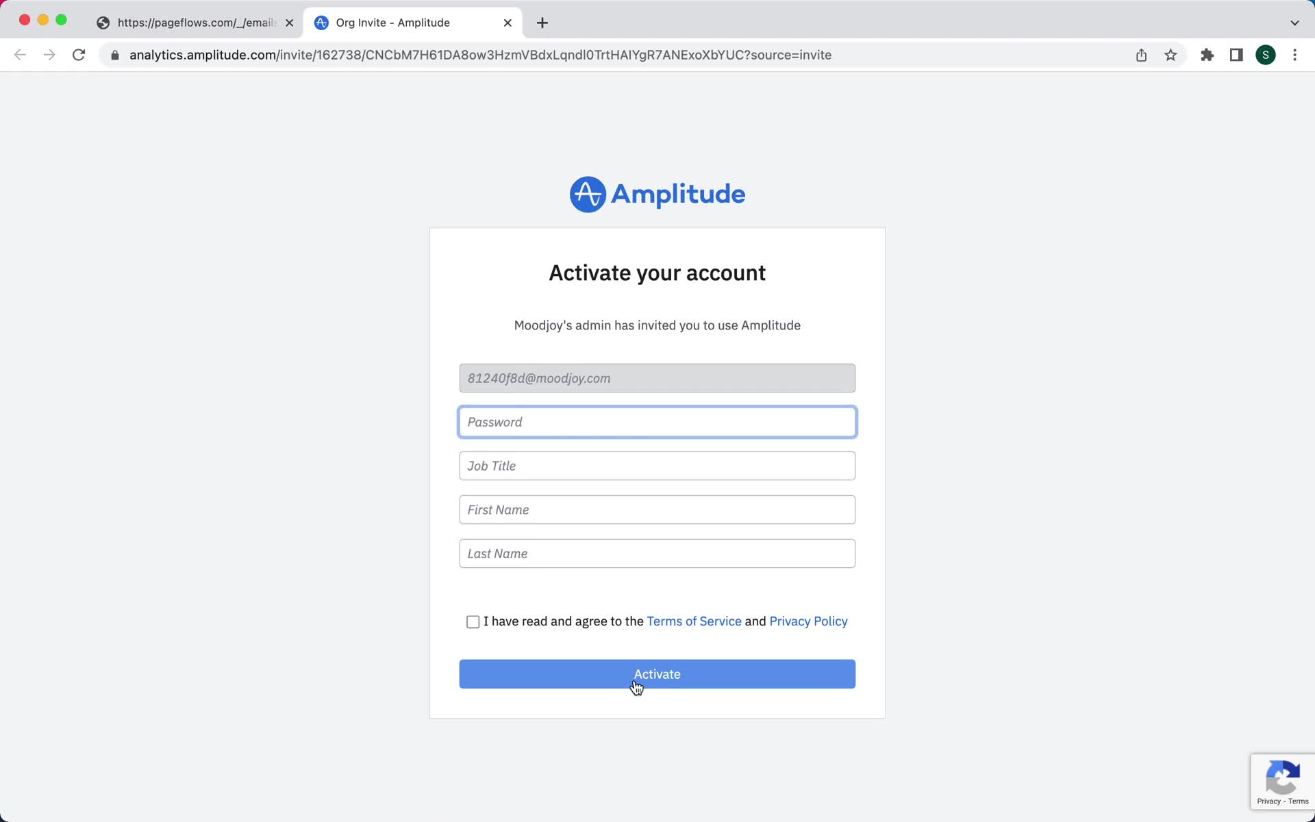 Screenshot of Sign up on Accepting an invite on Amplitude user flow