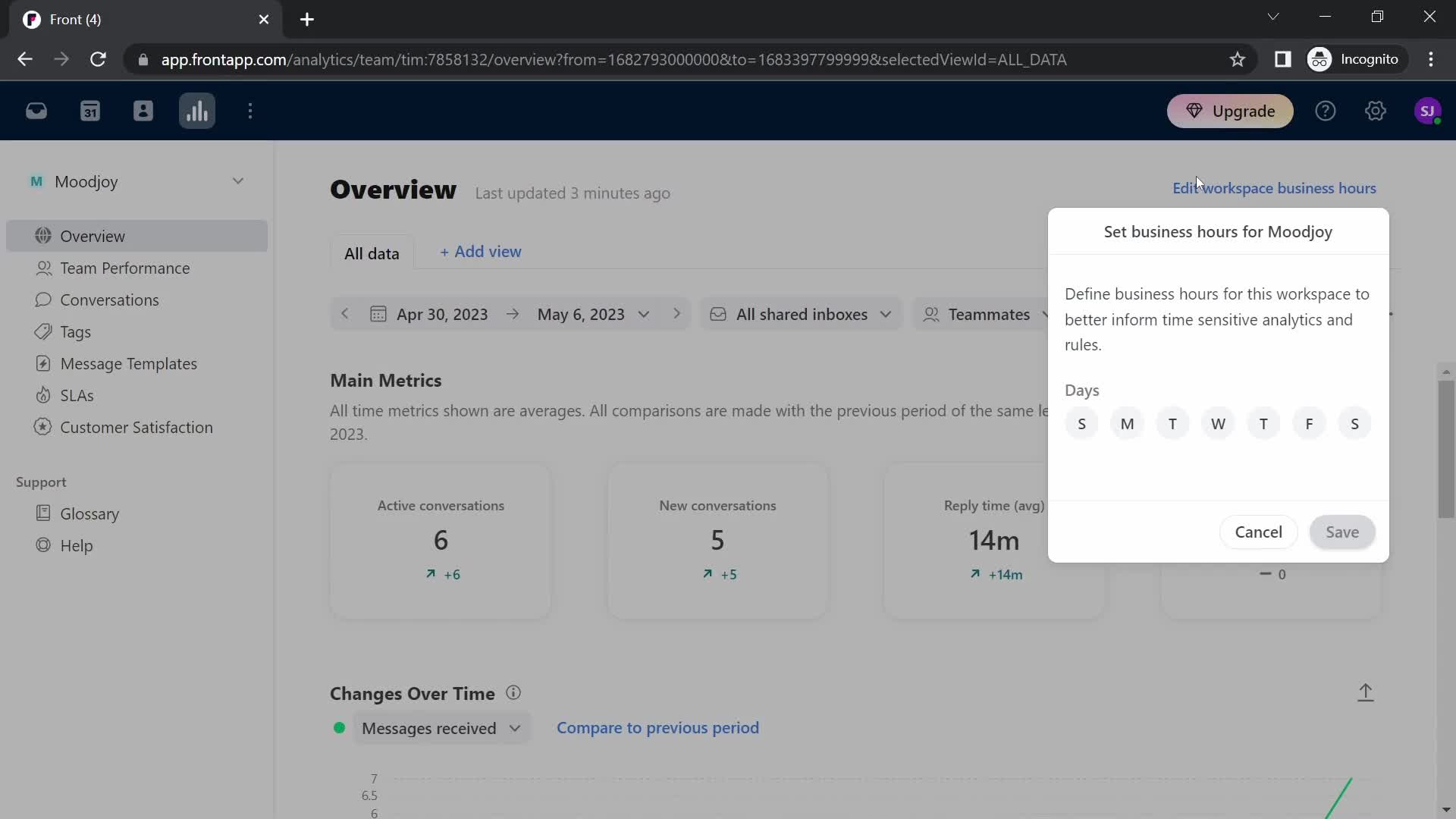Screenshot of Set office hours on Analytics/Stats on Front user flow