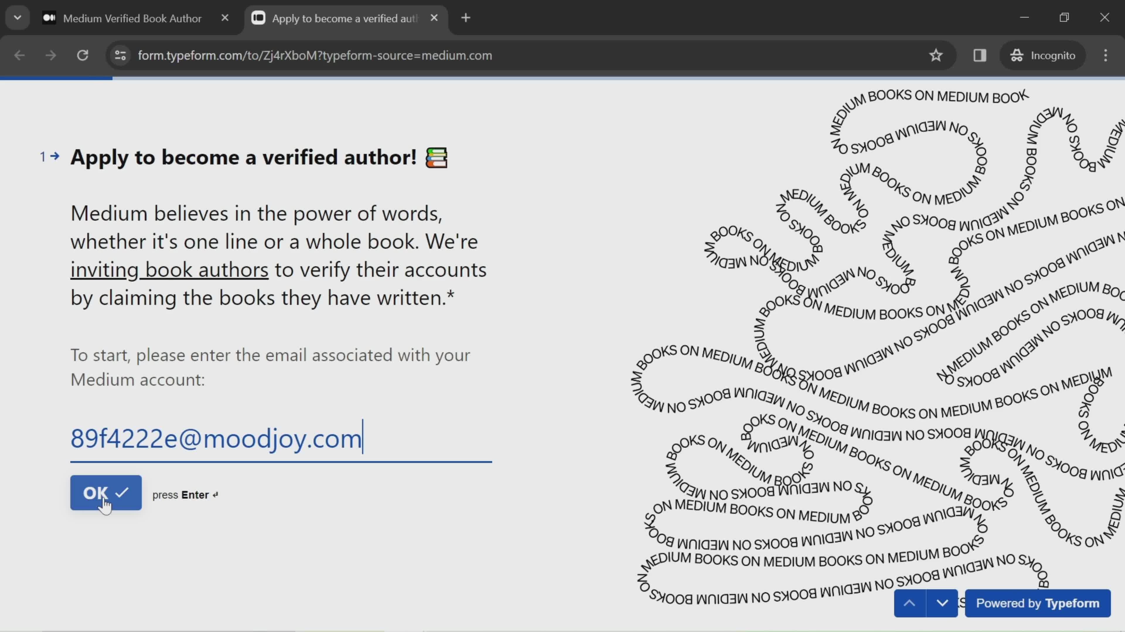 Applying for author verification screenshot