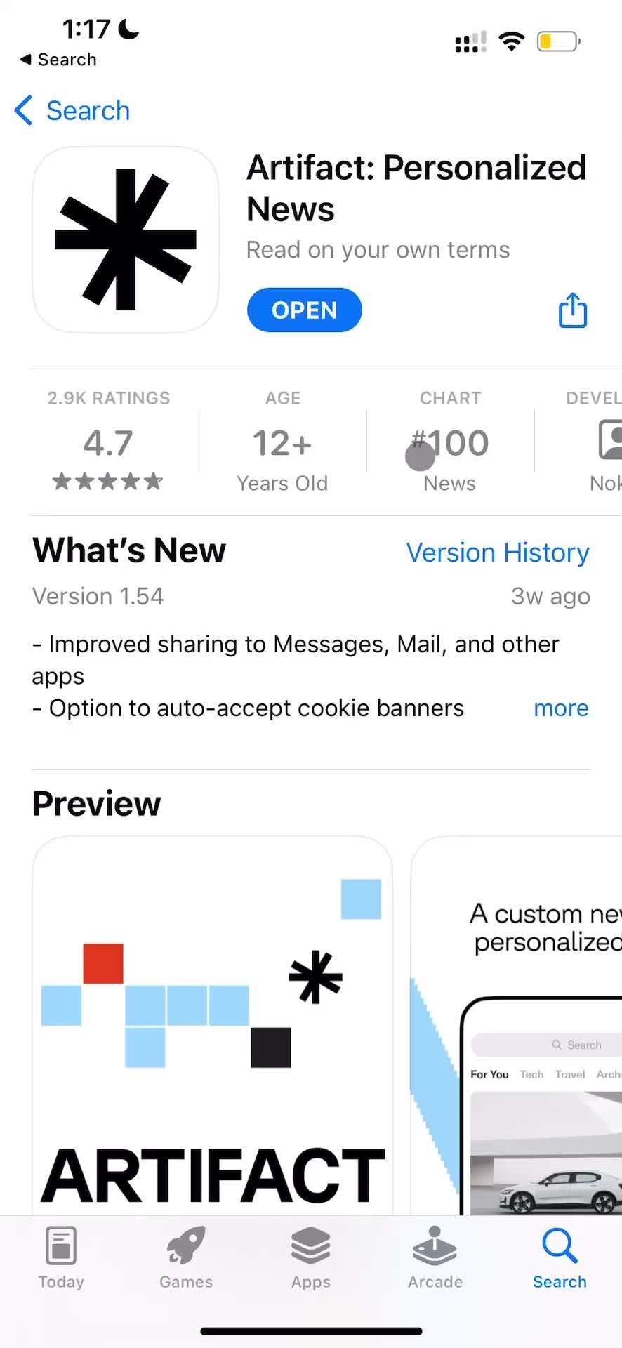 Screenshot of App store listing on Onboarding on Artifact user flow